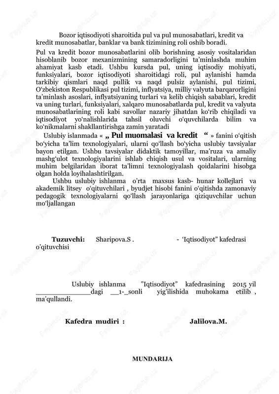 mudiri : jalilova.m. mundarija 1. « „ pul muomalasi va kredit “ » fanidan ma’ruza va amaliy mashg‘ulotlari hamda mustaqil ta’lim mavzularining soatlar bo‘yicha taqsimoti t/r fan mavzularining nomi jami soatlar shu jumladan ma’ruza amaliy mashg’ulot mustaqil ta’lim 1. pul, kredit va banklar fanining predmeti va vazifalari. pulni mohiyati, zarurligi va funksiyalari nazariy mashg’ulot: 1.pulning mohiyati va uning xususiyatlari. 2.pulning kelib chiqishi to‘g‘risidagi g‘oyalar. 3.pulning kelib chiqishi va rivojlanishini tadqiq qilgan olimlar va ularning qarashlari 2 2 pul aylanmasi va uning tuzilishi amaliy mashg’ulot: 1.pul aylanishiga tavsifnoma va uning tuzilishi. 2.naqd pulsiz pul aylanmasi, uni tashkil qilish tamoyillari 3.o‘zbekistonda naqd va naqdsiz pul aylanmasi o‘rtasidagi nisbat tahlili. 2 3 o‘zbekiston respublikasining pul tizimi nazariy mashg’ulot: 1.pul tizimi va uning asosiy elementlari. 2.o‘zbekistonda mustaqillikdan oldin va mustaqillikdan so‘ng o‘tkazilgan pul islohotlarining mazmuni va natijasi. 3.o‘zbekiston respublikasi pul tizimining amaldagi holati va asosiy maqsadi. 2 4 inflyasiya va uning turlari. pulni barqarorligini …
