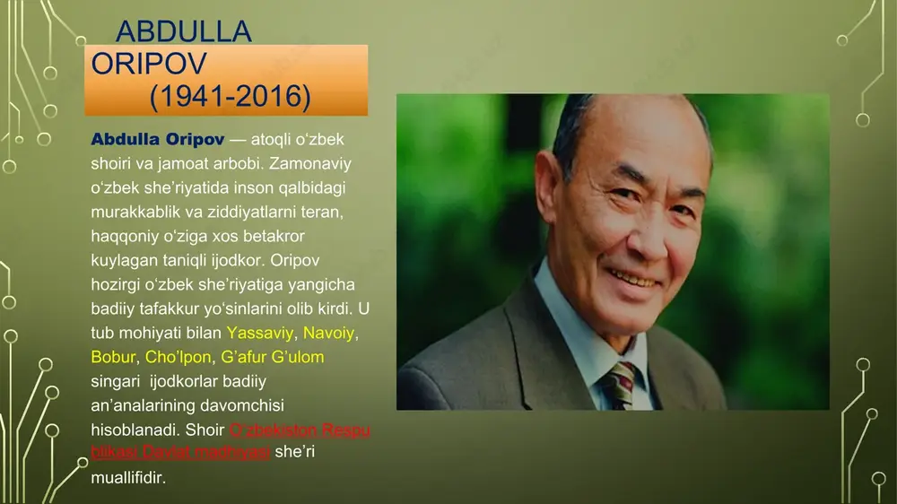 ddan tashqari ko’ngil qo’ygan. abdulla hali maktabga bormay turib, qandaydir so’zlarni bir-biriga uyqash qilib aytib yurishni xush ko’rar, so’zning mazmunidan ham ko’ra ohangi uni rom etardi. buni shoir keyinchalik shunday eslaydi: “...birinchi she’rlar yoza boshlaganimga nima turtki bo’lganini aniq bilmayman. har holda so’zlarni qofiyalashga ishqiboz bo’lib qolganim esimda. balki zerikkanimdan, balki zavqim toshib, nimadir yozgim kelaverardi. fikr esa yo’q. yozmaslikning ham iloji yo’q”. bu she’riyat yuzaga kelganda shaldiroq so’zlarni qofiyaga solish, baxtiyorlik haqida ko’tarinki, ammo yolg’on satrlarni tizish odat edi mavzuni she’r emas, balki she’rni mavzu mukarram qiladi deb hisoblanar, shuning uchun she’rning qanday yozilishidan ko’ra, uning nima haqida ekanligi muhimroq sanalar edi. o’tgan asrning 60-70-yillarida abdulla oripov she’riyati o’zbek millatining tuyg’ularini qurib qolishidan saqlab qoldi. shuning uchun ham shoirni o’zbek she’riyatida o’z davrini yaratgan ijodkor deyish mumkin. chunki chinakam iste’dodgina davr to’siqlarini va cheklovlarini yengib o’ta oladi. har qanday zamon va har qanday sharoitda ham asl iste’dod davridan marhamat …