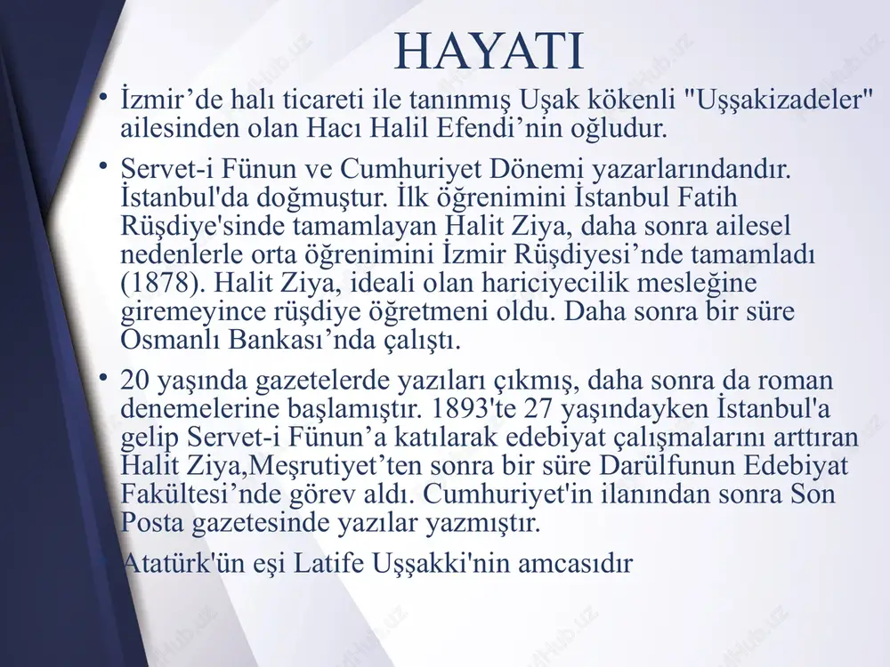 i̇zmir hikayesi hatiralari: kırk yıl bir acı hikaye saray ve ötesi denemesi̇: sanata dair mai̇ ve siyah halid ziya uşaklıgil’in yazdığı, batı roman tekniklerine uygun ilk modern türk romanıdır. yapıtta roman kahramanı ahmed cemil'in kişiliğinde babıali'de basın hayatında yok olup giden sanatçılar anlatılmaktadır yirmili yaşlardaki ahmed cemil bir yandan mülkiye mektebinde okumakta, bir yandan da özel fransızca dersler verip, tercümeler yaparak ailesini geçindirmektedir. bütün ümitlerini yazdığı romana ve okulu bitirmesine bağlamıştır. fakat olaylar umduğu gibi gelişmez. mutsuz bir evlilik yapan kız kardeşi ölür. ahmed cemil çalıştığı gazeteden kovulur. sevdiği kız lamia başkasıyla evlenir. geleceğin parlak hayalleri ile maviler içinde yüzen ahmed cemil ümitsizliğin karanlığına düşer. yazdığı romanın kahramanlarını yırtar. karanlık bir gecede annesi sabiha hanım'ı alarak vapura biner ve memleketin uzak bir köşesinde kaymakamlık görevine gider. aşk-ı memnu halid ziya uşaklıgil’in realist-naturalist bir romanıdır. roman zengin bir ailenin kişileri arasındaki duygusal ilişkilerin gelişimini sergiler. varlıklı adnan bey, karısının ölümünden sonra …