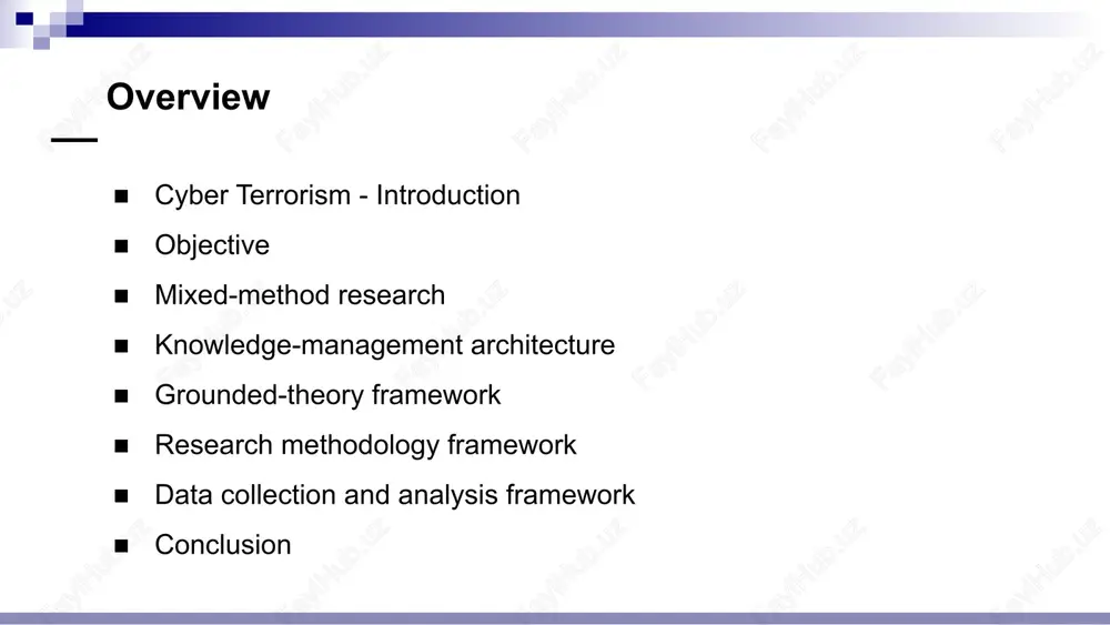 logies. methodologies : qualitative research methodology and quantitative research methodology mixed-method research qualitative research methodology it is primarily interpretive research technique. it is used to gain an understanding of underlying reasons, opinions, and motivations. it provides insights into the problem or helps to develop ideas or hypotheses for potential quantitative research. advantages: it allows for the discovery of new ideas. used to build a theory around a particular phenomena or process. here the phenomena is “cyber-terrorism”. it is primarily a validating technique. it is used for testing or verification of conceptual framework that describes the phenomena via statistical, mathematical or computational techniques. advantages for achieving precise measurement of participants behaviour or knowledge. quantitative research methodology suitability of mixed method research mixed method approach helps to answer questions that cannot be answered by qualitative or quantitative approaches alone. qualitative research approaches seek to explore phenomena quantitative research approaches seek to confirm …