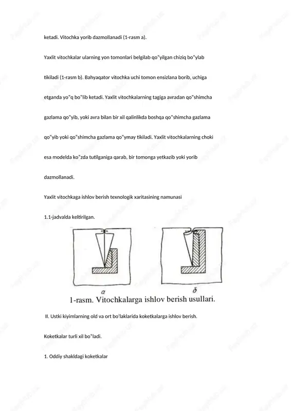 oketka tomonga qaratib dazmollanadi va koketka bo‟ylab model bo‟yicha bezak bahyaqator yurgiziladi. bahyaqator 1,5sm bo‟lsa, unga asosiy detaldan ko‟proq chok haqi qoldiriladi. 2. murakkab shaklli koketkalar ziyini avralik gazlamadan koketka shaklida qirqib olingan qo‟shimcha parcha qo‟yib, ag‟darma chok bilan tikib olinadi. buning uchun koketka bilan qo‟shimcha parchani ularning o‟ng tomonini ichkariga qaratib juftlanadi, qirqimlarini tekislab, qo‟shimcha parcha tomondan 0,5sm kenglikda ag‟darma chok bilan tikiladi. tashqariga turtib chiqqan burchaklaridagi choklarning eni 0,2-0,3sm qoldirib qirqib tashlanadi. ichkariga qaragan burchaklardagi choklar esa bahyaqatorga 0,1sm etkazmay kertib qo‟yiladi. burchaklarini ag‟darib olib, buklaydigan pressda dazmolda koketka dazmollanadi yoki maxsus mashinada koketka ziylarini ko‟klab keyin pressda dazmollanadi. shundan keyin belgilangan chiziq bo‟ylab, bostirma chok bilan asosiy detalga tikiladi. iii. kesimga ishlov berish. o‟rta chokda yoki yon choklarda ajratib qirqib hosil qilingan joy kesim deyiladi. kesim hosil qilish uchun bichiqda tikish haqi qoliriladi. kesimlar kiyim bezagi yoki kiyishda qulay bo‟lish vazifasini bajaradi. kesimlarning uzunligi kiyim uzunligiga va …