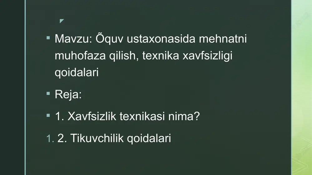 oldin ish õrni tayyorlab olinadi; - pressning ishga yaroqliligi tekshirib kõriladi; - buzuqpressda ishlash man etiladi; - pressda ishlayotganda qõlni press yostiqchalari orasida qolishidan saqlash lozim; - ishlayotgan pressni nazoratsiz qoldirib bõlmaydi; - ish tugagach pressni tuxtatib, ish õrni tozalanadi. z nazorat uchun savollar 1. õquv ustaxonasida mehnatni muhofaza qilish haqida tushunchangizni gapiring. 2. texnika xavfsizligi qoidalarini sanab keltiring. 3. tikuvchilik qoidalari necha guruhga bõlinadi? z z e’tiboringiz uchun rahmat! z image4.jpeg image2.png image3.png /docprops/thumbnail.jpeg