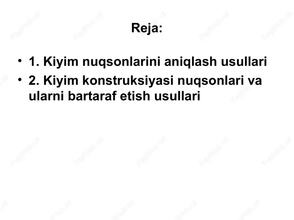 i tortishish konturlari bo’ylab esa solqilik xosil ko’rinishida bo’ladi. bularga vitochka kengligining yoki qavariq shakl berishda kirishtirib dazmollash burchagining yetishmasligi natijasida yuzaga keladi. bundan tashqari qavariq shakl berish uchun tortish burchagi va vitochka kengligining yetarli darajada loyihalanmaganidan kelib chiqadi. 5. balans buzilishini – ya’ni tikilgan detallarning spiralsimon buralishi ko’rinishida yuzaga keladi. bu nuqsonlar kiyim balansining buzilishi natijasida ya’ni detal uzunliklarining noto’g’ri topilganligi yoki tikib yig’ishda detallar (masalan, yengning yeng o’miziga o’tkazilishida) kiyinishi natijasida vujudga keladi. 6. xarakatda seziladigan boshqa nuqsonlar. muayyan nuqsonlarni ko’rib chiqishda uning erkin yoki tarang ekanligini aniqlash va shunga ko’ra bartaraf etish usullarini tanlash lozim. modellashtirish jarayonida hosil bo’lgan nuqsonlar va ularni bartaraf etish usullari hosil bo’lish sababi: gavda xususiyatlari hisobga olinmagan: a) kuraklarning turtib turishi; b) yelkaning pastligi. ort bo’lak yeng o’mizi gavdaga yopishmay, qochib turadi bartaraf etish usuli a) gazlama zapasidan foydalanib, ort bo’lak yelka qirqimi qo’shimcha teriladi. b) ort bo’lak yelka qirqimi uchidagi ortiqcha …