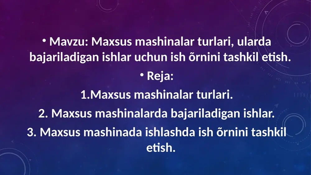 lar. 1. maxsus mashinalarni qanday turlarini bilasiz? 2. maxsus mashinalarni ishlash prinsipini tushuntiring. 3. tugma qadash mashinasini haqida ma’lumot bering. e’tiboringiz uchun rahmat! image2.png image3.png image4.jpeg image5.jpeg image6.jpeg image7.jpeg image8.jpeg image9.jpeg /docprops/thumbnail.jpeg