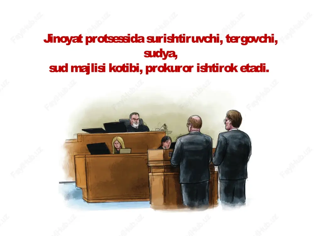 hi instansiya yoki apellatsiya instansiyasi sudida yoxud nazorat tartibida ko‘rishda ishtirok eta olmaydi. jinoyat ishini nazorat tartibida ko‘rishda ishtirok etgan sudya shu jinoyat ishini birinchi instansiya, apellatsiya yoki kassatsiya instansiyasi sudida ko‘rishda ishtirok eta olmaydi. surishtiruvchining, tergovchining, shuningdek sud majlisi kotibining o‘z protsessual majburiyatini bajarishi, basharti, ushbu ish qo‘shimcha tergov yuritish yoki sudda yangidan ko‘rish uchun yuborilgan bo‘lsa, ular tomonidan tegishlicha surishtiruv, dastlabki tergov yuritishga, shuningdek sud majlisi bayonnomasini tuzishga monelik qilmaydi. savol va topshiriqlar 1. mazkur jinoyatlar jinoyat protsessining qaysi bosqichida hisoblanadi? 2. ular qaysi bosqichlardan o‘tib bo‘lgan? 3. jinoyat protsessida qaysi shaxslar ishtirok etgan deb o‘ylaysiz? fikringizni o‘zbekiston respublikasi jinoyat protsessual kodeksining moddalari asosida asoslang. 4. ushbu jinoyat protsessida o‘z manfaatlarini himoya qiladigan shaxslarni ajratib ko‘rsating. 5. qanday hollarda sudya, shuningdek, xalq maslahatchisi, prokuror, tergovchi, surishtiruvchi, tergovga qadar tekshiruvni amalga oshiruvchi organning mansabdor shaxsi, sud majlisining kotibi jinoyat ishini yuritishda ishtirok etishga haqli emas va uni rad qilishi …