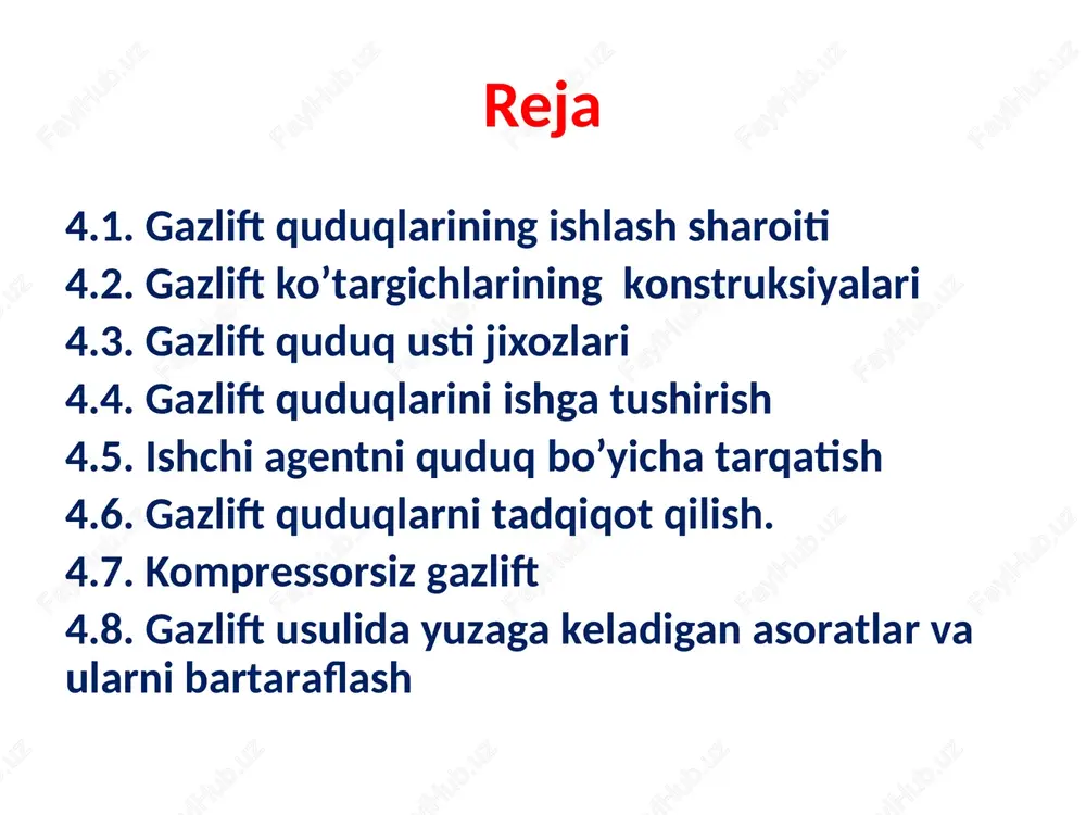 qlar uchun. 3) qimmat baho kompressor stansiyalarining qurilishi. amaliyot shuni ko’rsatadiki kompressor usulida ishlatish uchun bir quduqni jihozlash uchun ketgan xarajat nasos quduqlarini jihozlash uchun ketgan xarajatdan 3-4 marta ortiq bo’ladi. quduq debiti pasayishi bilan 1tn neft qazib olish uchun energiya sarfi ko’payadi. shuning uchun past debitli quduqlarni kompressor usulida ishlatish yaxshi samara bermaydi. ko’p sonli mualliflarning kompressor ko’targichlarining hisobi va nazariyasi ustida ishlashi yaxshi natija bermadi. bu yo’nalishda ulug’ ishlardan v.s.melikovning o’tkazgan eksprementlari, a.p.krilovning empirik hisoblari, v.g bagdasarovning ergazlift nazariyasi hisobi va amaliyoti bo’yicha olib borgan ishlarini hisoblash mumkin. tekshirishlar natijasida gaz ko’targichlarini hisoblash uchun aniq formula topilmagan bo’lsada rasional ko’targichlarni loyihalashda foydalanish uchun bir qator prinsipial ko’rsatmalar o’rnatilgan. bu ko’rsatmalar bilan keyingi slaydda tanishishingiz mumkin 1)suyuqlikni ko’tarish uchun ishchi agent miqdorini to’g’ri tanlash xar-bir quduq uchun debitning ishchi agent miqdoriga bog’liqlik egri chizig’ini hosil qilib tajriba usulida aniqlash. 2) taxmin qilingan quduq debitiga qarab ko’taruvchi quvir diametiri tanlanadi. …