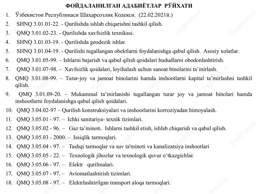 ilishda ishlab chiqarishining umumiy qoidalari 2. asoslar va fundamentlar 3. qurilish konstruktsiyalari 4. himoya, izolyatsiya va pardozlash qoplamalari 5. muhandislik va texnologik uskunalar va tarmoqlar 6. transport vositalari 7. gidrotexnika va energetik inshootlar, meliorativ tizimlar va inshootlar obrazets teksta vtoroy uroven tretiy uroven chetvertiy uroven pyatiy uroven shaharsozlik normalari va qoidalari qurilishi tugallangan ob'ektlarni foydlanishga qabul qilish asosiy xolatlar shnq 3.01.04-04 priemka v eksplutatsiyu zakonchennix stroitelstvom ob'ektov osnovnie polojeniya rasmiy nashr (o'zbekcha - ruscha) o'zbekiston respublikasi davlat arxitektura va qurilish qo'mitasi toshkent 2006 1-guruh: qurilish ishlab chiqarishning umumiy qoidalari 1-guruhda 8 ta me’yoriy hujjat kiritilgan bo’lib ular: shnq 3.01.01-22. - qurilishda ishlab chiqarishni tashkil qilish. qmq 3.01.02-23. - qurilishda xavfsizlik texnikasi. shnq 3.01.03-19. - qurilishda geodezik ishlar. shnq 3.01.04-19. - qurilishi tugallangan obektlarni foydalanishga qabul qilish. asosiy xolatlar. qmq 3.01.05-99. – ishlarni bajarish va qabul qilish qoidalari hududlarni obodonlashtirish. qmq 3.01.07-98. – xavfsizlik qoidalari, loyihalash uchun sanoat binolarini ta’mirlash. qmq …