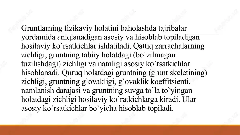 arrachalarining zichligi ularning mineralogik tarkibiga bog`liqdir. shu sababli, zarrachalarning zichligini aniqlashda, minerallarning suyuqlikda (masalan, suvda) eruvchanlik xususiyatlarini ham inobatga olish lozim. grunt zarrachalarining zichligi odatda piknometrik usul bo`yicha aniqlanadi. qum, graviy, shag`al singari sochiluvchan gruntlar zarrachalarining zichligini tezkor usulda baholash uchun le-shatele asbobidan ham foydalanish mumkin. tajribalarda zarrachalarning hajmi ular tomonidan siqib chiqariladigan suyuqlik hajmi asosida o`rnatiladi. odatdagi gruntlar zarrachalarining zichligini aniqlashda distillangan suvdan, sho`rlangan yoki minerallari suvda eriydigan gruntlarni sinashda esa kerosin yoki benzindan foydalanish tavsiya etiladi. zarrachalar hajmini aniqlashda gruntdagi qamralgan havo pufakchalarini chiqazib yuborish uchun, piknometrdagi grunt-suv aralashmasi qaynatilishi (15...20 daqiqa davomida) yoki vakuum ostida ushlab turilishi lozim. 3. gruntlar fizikaviy xossalarining hosilaviy ko`rsatkichlari qattiq zarrachalar massasi ms ning bo`zilmagan tuzilishli namuna hajmi vs+vo nisbati grunt skeletining zichligini bildiradi. (2) - ifodadan vs+vo = ( ms + m)/. ushbu holda grunt skeletining zichligi: d = ms/(vs + v0) = ms/m s(1 + m/ms) = /(1 + ). …