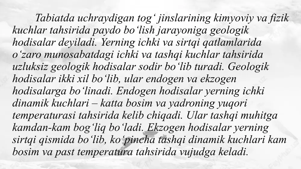 aga keladigan kuchlar hisobiga paydo bo’ladi. gravitatsion kuchlarning yer po’stida notekis taqsimlanishi unda turli zichlik hamda tektonik faolliqdagi qismlar bo’linishi, qatlamlarning deformatsiyalanishiga va metamorfizmga uchrashiga sabab bo’ladi. endogen jarayonlarda materiyaning bo`linishi foydali qazilmalarni juda muhim guruhlarini shakillanishiga (ko`pchilik metall rudalarni, slyo`dalarni, qimmatbaho toshlarni va boshqalarni), shuningdek stihiyali fojia ko`rinishlarini keltirib chiqaradi, qaysiki ularni o`rganish ular bilan bog`liq bo`lgan fojialar haqida oldindan ogohlantirish imkonini beradi. shuning uchun endogen jarayonlarni o`rganish faqatgina ilmiy ahamiyatga ega bo`lmasdan balki amaliy ahamiyatga ham endogen jarayonlar chuqur yer qaridan chiqayotgan magmaning shakilanishi va uning yer yuzasiga chiqishi hisobiga yer tarkibini va shaklini o`zgartiradi. relyef ham chuqur magmatik jinslar ham yer yuzasi sharoitiga mutloq turg`un emas. yer qarida shakilangan jinslar o`sha sharoitdagina turg`un bo`lib ular yer yuzasida ekzogen jarayonlar tasirida sutkali va mavsumiy tekis turani o`zgarishi, suvning, havoning va tirik organizmlarning mehanik va himiyaviy tasirida tezda buziladi ga. endogen jarayonlarning yer qaridagi materiyaning bir formadan boshqa formaga …