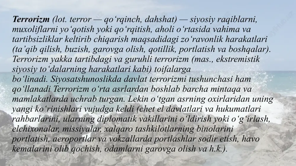 istik tashkilotlarning rahbarlari har qanday murosa va kelishuvni rad etadilar. oʻziga tobelarni oʻz buyruq va koʻrsatmalarini koʻrkoʻrona bajarishga majbur etadilar. siyosiy e.ning millatchilik koʻrinishi turli millat va etnik guruhlar huquqini inkor etishda namoyon boʻladi. millatchi ekstremistlar faoliyati separatizm bilan bogʻliq boʻlib, koʻp millatli davlatlarni yoʻqotish, tub millat hukmronligini oʻrnatishga qaratiladi. bunday millatlararo munosabatlarning keskinlashuvi va xalqlar oʻrtasida mojarolar chiqishiga olib keladi. diniy ekstremizm, avvalo, boshqa konfessiyalarga, ularning vakillariga nisbatan toqatsiz boʻladi. diniy tashkilotlardan dunyoviy davlatga qarshi kurashda foydalanadi. e.ning turli koʻrinishlari soʻnggi vaqtlarda dunyoning koʻp mamlakatlarida, xususan, yaqin sharq va markaziy osiyo mintaqasida ham oʻzini namoyon eta boshladi. turli diniy ekstremistik tashkilotlar ("hizbut-tahrir", "tavba") yangidan mustaqillikni qoʻlga kiritgan dunyoviy davlatlarga tahdid solmoqda. ular vaqtinchalik qiyinchiliklarni roʻkach qilib, aholini, ayniqsa, yoshlar ongini aqidaparastlik gʻoyalari bilan zaharlamoqda. farzandlarni yoʻldan urishga, oʻz ota-onasiga, akaukasiga, oʻzi tugʻilib oʻsgan maskaniga, davlatiga qarshi qoʻyishga harakat qilmoqda. bugungi kunda e.ga qarshi kurash oʻta dolzarb vazifa hisoblanadi xalqaro …
