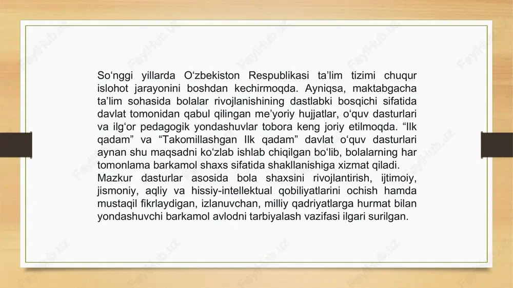 aloqalarini tushunish. ijodiy rivojlanish musiqa, rasm, raqs, teatr o‘yinlari orqali estetik didni shakllantirish. mustaqil faoliyat bolaning o‘yin, mehnat va ijodda mustaqil harakat qila olishini rivojlantirish. “takomillashgan ilk qadam” dasturining yangiliklari 2023-yildan boshlab, avvalgi “ilk qadam” dasturining mazmuni, natijaviylik ko‘rsatkichlari hamda xalqaro tajribalar tahliliga asoslanib, “takomillashgan ilk qadam” o‘quv dasturi ishlab chiqildi. uning asosiy yangiliklari: integratsiyalashgan ta’lim mazmuni — o‘quv faoliyati faqat alohida yo‘nalishlarda emas, balki “bir nechta rivojlanish sohalarining uyg‘unlashgan tizimi” orqali amalga oshiriladi. steam elementlari (science, technology, engineering, arts, mathematics) — bolalarda mantiqiy, ilmiy va amaliy fikrlashni shakllantiradi. tanlov asosida o‘rganish (choice-based learning) — bolaga mustaqil qaror qabul qilish imkonini yaratadi. differensial yondashuv — har bir bolaning individual rivojlanish tezligi va ehtiyojini inobatga oluvchi tizim joriy etilgan. ota-onalar bilan hamkorlik — pedagogik jarayonning ajralmas qismi sifatida qaraladi. dasturda har bir yosh guruh uchun aniq natijalar (indikatorlar) belgilanadi: 3 yosh — senzomotor rivojlanish, 4 yosh — til rivoji, 5 yosh …