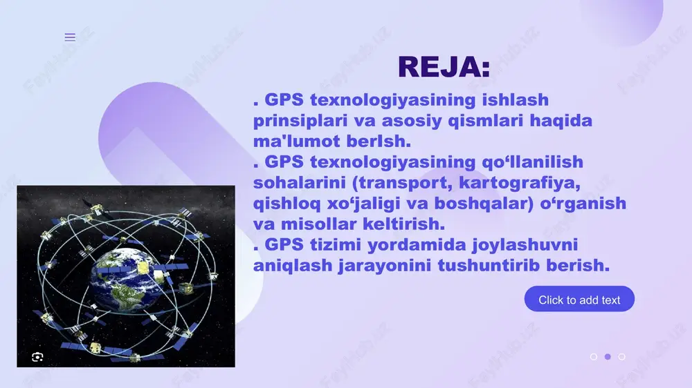 rdamida joylashuv aniqlanadi 3 ta sun’iy yo‘ldosh yordamida joylashuv (kenglik va uzunlik), 4-chi sun’iy yo‘ldosh esa balandlik va aniq vaqtni hisoblash uchun kerak bo‘ladi. gps afzalliklari: har qanday ob-havo sharoitida ishlaydi dunyo bo‘ylab foydalanish mumkin yaqin 5-10 metr aniqlikda joylashuv beradi (yangi tizimlarda undan ham aniqroq) gps tizimining asosiy qismlari gps texnologiyasi uchta asosiy qismdan tashkil topgan: 1. kosmik segment (sun’iy yo‘ldoshlar tizimi) yer orbitasida harakat qiladigan kamida 24 ta sun’iy yo‘ldosh (odatda 31 tagacha bo‘ladi). ular yer atrofida 20 000 km balandlikda harakat qiladi va doimiy signal yuborib turadi. har bir sun’iy yo‘ldosh o‘zining joylashuvi va vaqt haqidagi ma’lumotlarni uzatadi. 2. yer usti nazorat segmenti (boshqaruv markazlari) gps sun’iy yo‘ldoshlari ishini va joylashuvini nazorat qiladigan yer usti stansiyalari. ular sun’iy yo‘ldoshlarning orbitasini, holatini va signal sifatini tekshirib turadi. asosiy boshqaruv markazi aqshda joylashgan. 3. foydalanuvchi segmenti (qabul qiluvchi qurilmalar) bu gps signalini qabul qiladigan barcha qurilmalar: telefonlar avtomobil navigatorla …