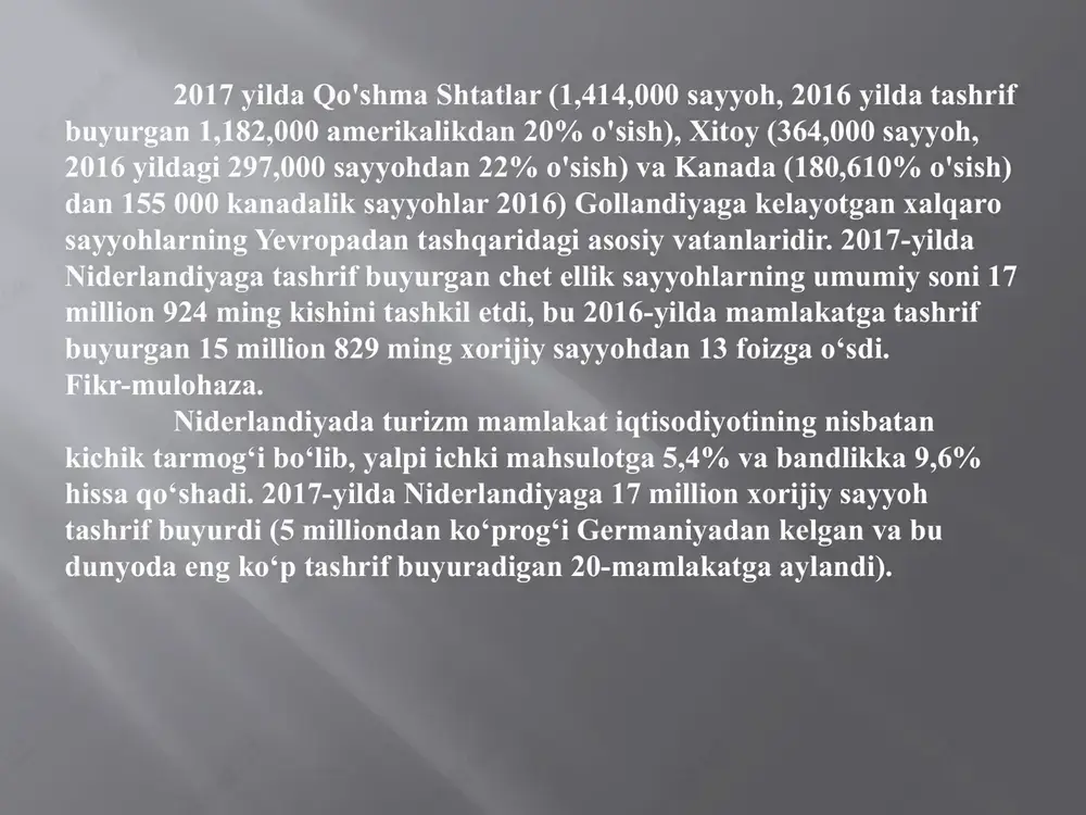 ta maydonni egallaganligi sababli, suv transporti afzal ko‘riladi, quruqlikdagi sayohatlar uchun esa ko‘plab ko‘priklardan o‘tishga qulay bo‘lgan velosipedlar keng tarqalgan. shuning uchun, agar niderlandiyada nimani ko‘rishni o‘ylayotgan bo‘lsangiz, amsterdamga kelganingizda ko‘plab kanallar bo‘ylab ekskursiyalardan birida ishtirok etishni unutmang. bolalar bilan sayohat qiladigan turistlar uchun niderlandiyada, ayniqsa uning poytaxtida, ko‘p narsa ko‘rish mumkin. amsterdamda markaziy vokzaldan taxminan 15 daqiqalik piyoda yurish masofasida joylashgan qiziqarli ob’ekt mavjud. tashqi ko‘rinishi bo‘yicha ulkan yashil kemani eslatadigan bu joyga ikkita ko‘prik orqali kiriladi. bu — nemo muzeyi, niderlandiyadagi diqqatga sazovor joylardan biri bo‘lib, uni tomosha qilish siz uchun fan, texnika, axborot texnologiyalari va biomeditsina olamiga qiziqarli sayohatga aylanadi. shuningdek, bu yerda kundalik hayotdagi oddiy narsalar haqida ko‘plab qiziqarli ma’lumotlarga ega bo‘lishingiz mumkin. muzey foyesiga kiriboq, siz kafeteriy va kichik suvenir do‘konini ko‘rasiz. bu do‘konda muzeyning ayrim attraksionlari modellarini sotib olish mumkin. umuman, muzey beshta qavatdan iborat bo‘lib, har biri muayyan mavzuga bag‘ishlangan. birinchi qavatning asosiy …