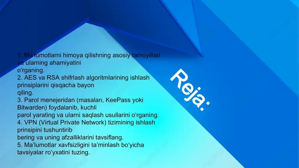 beradi. masalan: tizim jurnallari (log fayllari). 2 add your text aes va rsa shifrlash algoritmlari ma'lumotlarni shifrlash uchun ishlatiladigan turli xil algoritmlardir. aes - bu asosan ma'lumotlarni tez shifrlash uchun ishlatiladigan simmetrik algoritmdir, rsa esa asosan ma'lumotlarni asimetrik ravishda shifrlash va raqamli imzolash uchun ishlatiladi. suitable for all categories business and personal presentation suitable for all categories business and personal presentation development implementation aes (advanced encryption standard): simmetrik shifrlash algoritmi. bu shifrlashda bir xil kalit shifrlash va deshifrlash uchun ishlatiladi. ma'lumotlarni tez shifrlash uchun ishlatiladi. har bir ma'lumot blokining uzunligi 128 bit bo'ladi. kalitning uzunligi 128, 192 yoki 256 bit bo'lishi mumkin. ushbu algoritmni yuqori tezlikda shifrlash uchun foydalidir, chunki kalitning qisqa bo'lishi ma'lumotlarni tezroq shifrlashga yordam beradi. step 02 step 03 presentation revision delivery rsa (rivest–shamir–adleman): asimetrik shifrlash algoritmi. bu shifrlashda shifrlash va deshifrlash uchun turli kalitlar ishlatiladi. ma'lumotlarni raqamli ravishda shifrlash va imzolash uchun ishlatiladi. shifrlashda katta sonlar …