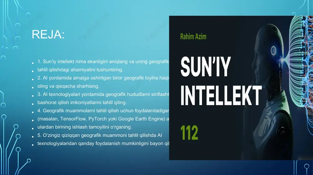 va laboratoriyalar sunʼiy intellekt sohasida sezilarli yutuqlarga erishib kelishmoqda sun’iy intellektning tahlil qilishdagi ahamiyati hozirgi zamonda ma’lumotlar juda katta hajmda va turli shakllarda to‘planmoqda. sun’iy intellekt ana shu ma’lumotlarni tez, aniq va samarali tahlil qilish imkonini beradi. quyida asosiy ahamiyatlarini sanab o‘tamiz: sun’iy intellektning tahlil qilishdagi ahamiyati hozirgi zamonda ma’lumotlar juda katta hajmda va turli shakllarda to‘planmoqda. sun’iy intellekt ana shu ma’lumotlarni tez, aniq va samarali tahlil qilish imkonini beradi. quyida asosiy ahamiyatlarini sanab o‘tamiz: 1. katta hajmdagi ma’lumotlarni tezkor tahlil qilish oddiy inson yoki dasturlar kuniga minglab, hatto millionlab ma’lumotlarni tahlil qila olmaydi. si esa katta hajmdagi ma’lumotlarni qisqa vaqt ichida tahlil qilib, foydali ma’lumot va xulosalarni chiqarib bera oladi. misol: bank tizimida mijozlarning tranzaksiyalarini kuzatib, firibgarlik holatlarini aniqlash. 2. murakkab jarayonlarni avtomatlashtirish si yordamida ma’lumot tahlili jarayonlari avtomatik tarzda amalga oshadi. bu inson resurslarini tejashga va inson omiliga bog‘liq xatolarni kamaytirishga yordam beradi. misol: onlayn do‘konlarda mijozlarning xarid …
