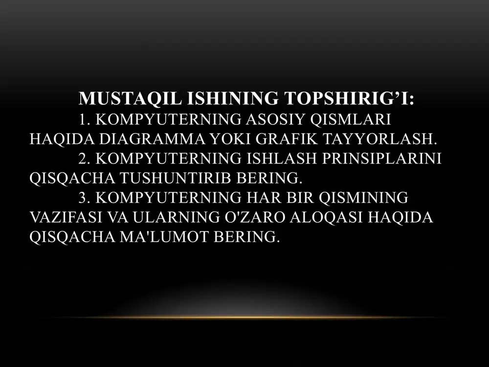 ulaydigan asosiy platalar. quvvat manbai (power supply): kompyuterning barcha qismlariga kerakli elektr ta'minotini taqdim etadi. qattiq disk (hdd yoki ssd): ma'lumotlarni doimiy saqlash uchun ishlatiladigan qurilma. ssd tezroq ishlaydi, lekin qimmatroq bo'lishi mumkin. sovutish tizimi (cooling system): kompyuterning issiqlikni chiqarib yuboradigan tizim, ya'ni ventilyatorlar yoki suyuq sovutish tizimlari. periferik qurilmalar: klaviatura, sichqoncha, monitor va boshqa qurilmalar kompyuterga ulanishni ta'minlaydi. 2)ma'lumotni kiriting: kompyuterga ma'lumotlar turli xil qurilmalar orqali kiradi. masalan, klaviatura, sichqoncha, skaner yoki internet orqali. bu ma'lumotlar kompyuterning markaziy protsessoriga (cpu) yuboriladi. ma'lumotni qayta ishlash: cpu kirgan ma'lumotni qayta ishlaydi. cpu kompyuterdagi eng muhim qism bo'lib, barcha hisoblash va qarorlar qabul qilish jarayonlarini bajaradi. shu bilan birga, u ram xotirasidan ma'lumotlarni tezkor o'qish va saqlash uchun foydalanadi. ma'lumotni saqlash: qayta ishlangan ma'lumotlar doimiy saqlash qurilmalariga (hdd yoki ssd) saqlanishi mumkin. kompyuterning saqlash tizimi ma'lumotlarni uzoq muddat saqlaydi, shuning uchun ular kompyuter o'chirilganda ham saqlanib qoladi. ma'lumotni chiqarish: qayta ishlangan ma'lumotlar …
