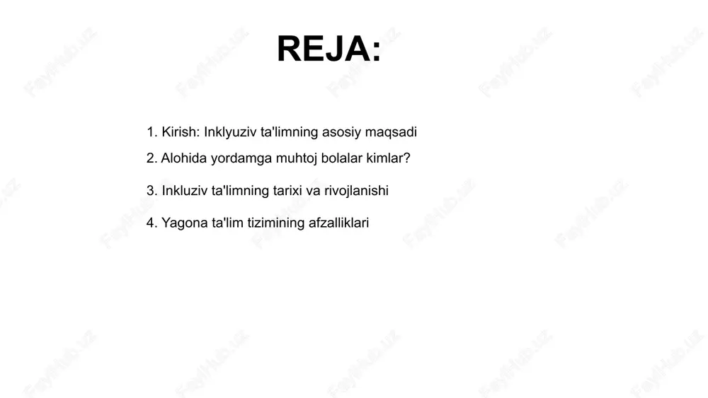 larning teng imkoniyatlardan foydalanishini ta'minlaydi va jamiyatda muhim rol o'ynaydi. buhgalar talim shart-sharoitlarini yaratadi. yagona ta'lim tizimi, barcha bolalarning ehtiyojlariga moslashgan, inkluziv muhitni shakllantiradi va bolalarning ijtimoiylashtirishiga yordam beradi. bu tizim hamma uchun ochiq. inkluziv talim orqali, bolalar orasida tenglik va hurmat rivojlanadi, shuningdek, ularning kelajakdagi hayotda muvaffaqiyatli bo‘lishiga zamin yaratadi. jamiyat rivojlanishga intiladi. 01 03 02 alohida yordamga ehtiyoj bor bo'lgan bolalar uchun ta'lim usullari alohida yordamga muhtoj bolalar uchun inklyuziv ta'lim muhim, ular uchun individual yondashuv va xususiy ta'lim usullari ta'minlanadi. inkluziv ta'lim bolalarning ijtimoiy, intellektual va emotsional rivojlanishini qo'llab-quvvatlaydi, ularni jamiyatga yaxshi moslashishga yordam beradi. ta'lim amaliyotida moslashuvchan metodlar va texnologiyalar yordamida, barcha bolalarning ehtiyojlari hisobga olinib, muvofiqlashtiriladi. 02 01 03 inkluziv talimda psixologik omillar 01 02 04 alohida yordamga muhtoj bolalar uchun inklyuziv ta'lim psixologik omillarni hisobga oladi, ularning shaxsiy ehtiyojlari va imkoniyatlarini qo'llab-quvvatlaydi. talim jarayonida psixologik muhit muhim, chunki u bolalarning o‘zini erkin his qilishini …