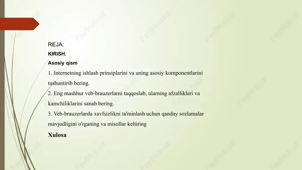 tolalar, dsl, kabel liniyalari, sun’iy yo‘ldosh va boshqalar orqali ulanishni ta’minlovchi kompaniyalar. ular foydalanuvchilarni global tarmoq bilan bog‘laydi. marshrutizatorlar va kommutatorlar: marshrutizatorlar: tarmoqlar o‘rtasida ma’lumotlarni uzatish yo‘lini aniqlaydigan qurilmalar bo‘lib, paketlar uchun to‘g‘ri yo‘lni belgilaydi. kommutatorlar: bir lokal tarmoq doirasida bir nechta qurilmalarning o‘zaro aloqasini ta’minlaydigan qurilmalar. internet bo‘ylab ma’lumot uzatish qanday amalga oshiriladi ma’lumotlarni paketlarga bo‘lish: tarmoq orqali yuborilayotgan axborot kichik paketlarga bo‘linadi. har bir paket ma’lumotning bir qismi, jo‘natuvchi va qabul qiluvchining ip-manzillari, shuningdek, ma’lumotlarning to‘liqligini tekshirish uchun ma’lumotni o‘z ichiga oladi. paketlarni marshrutizatsiya qilish: paketlar tarmoq bo‘ylab marshrutizatorlar zanjiri orqali uzatiladi. har bir marshrutizator ip-manzilni o‘qiydi va paketni keyingi tuguniga uzatish uchun eng yaxshi yo‘lni aniqlaydi. paketlarni qayta yig‘ish: qabul qiluvchi tomonida paketlar qayta yig‘ilib, bir butun faylga aylantiriladi. tcp ma’lumotlarning to‘liqligini tekshirishni ta’minlaydi va zarur bo‘lsa, yo‘qolgan paketlarni qayta yuboradi. internet ishida serverlarning roli serverlar internetda xizmat va axborot taqdim etishda muhim rol o‘ynaydi. ularning bir …