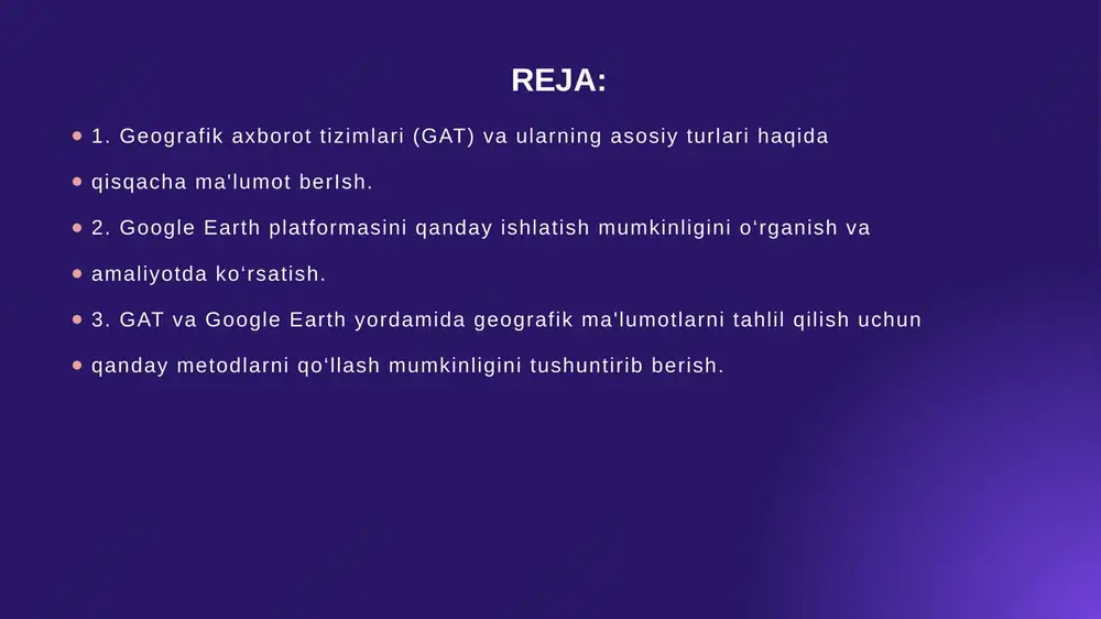 a qarab ajratiladi. mana asosiy turlari: 1. kartografik gat — xaritalar tuzish va tahrirlash uchun ishlatiladi. masalan: arcgis, qgis. 2. analitik gat — geografik ma’lumotlarni tahlil qilish, statistik hisob-kitoblar va modellashtirish uchun. masalan: mapinfo, grass gis. 3. monitoring gat — real vaqt rejimida geografik jarayonlarni kuzatish va nazorat qilish uchun. masalan: ekologik monitoring, transport tizimlarini boshqarish. 4. kadastr gat — yer resurslari va mulk huquqlari haqida ma’lumotlarni boshqarish va nazorat qilish uchun. 5. tarmoqli (web-gat) — internet orqali geografik ma’lumotlarni taqdim etish va ulardan foydalanish imkonini beradi. masalan: google maps, openstreetmap. google earth — bu asosan sunʼiy yoʻldosh tasvirlari asosida yerning 3d tasvirini koʻrsatadigan kompyuter dasturi . dastur sunʼiy yoʻldosh tasvirlari, aerofotografiya va gat maʼlumotlarini 3d globusga joylashtirish orqali yer xaritasini tuzadi, bu esa foydalanuvchilarga shaharlar va landshaftlarni turli burchaklardan koʻrish imkonini beradi. foydalanuvchilar manzillar va koordinatalarni kiritish yoki klaviatura yoki sichqoncha yordamida „dunyoni kashf qilishlari“ mumkin. ushbu dastur, web …