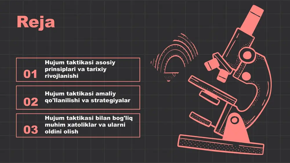 lar va strategiyalar kelajakdagi hujum taktikalarini shakllantiradi. photo by roman mager on unsplash hujum taktikasi amaliy qo'llanilishi hujum taktikasi harbiy strategiyalarda muhim rol o‘ynaydi, muvaffaqiyat uchun reja va tayyorgarlik talab etadi. hujum taktikasi tez va aniq zarbalar bilan dushman muhim nuqtalariga nishonlanadi. bu taktika harbiy mashg‘ulotlar, strategik rejalash va jangovar operatsiyalarda qo‘llaniladi. d-day operatsiyasi va zamonaviy harbiy harakatlar muvaffaqiyatli amaliyotlar misolidir. 01 02 03 hujum taktikasi strategiyalari strategiyalar turlari to'g'ridan-to'g'ri hujum, chiziqli hujum, chalg'ituvchi hujum va muvofiqlashtirilgan hujum asosiy strategiyalardir. har biri o'ziga xos afzalliklari va kamchiliklariga ega. afzalliklar va kamchiliklar to'g'ridan-to'g'ri hujum tez natija beradi, ammo kuchli mudofaa bilan qiyin. chiziqli hujum tizimli, ammo uzoq davom etishi mumkin. chalg'ituvchi hujum raqibni chalg'itadi, lekin noaniqliklar bo'lishi mumkin. muvofiqlashtirilgan hujum samarador, ammo murakkab. tanlashda e'tiborga olinadigan omillar raqib kuchlari, joylashuv, resurslar va maqsadlar strategiya tanlashda muhim omillardir. har bir faktor strategiya samaradorligini belgilaydi. hujum taktikasi va resurslar hujum uchun asosiy resurslar: …