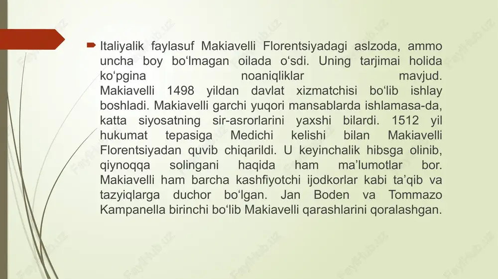 siyosatning muvaffaqiyatini tashkil qildai. asar o‘ta jiddiy mavzuga bag‘ishlanib, unda o‘ta jiddiy masalalar muhokama qilingan bo‘lsada, ungil hazil-mutoyibaga ham yo‘g‘rilkanki, kitob bundan besh asr ilgari emas, ayni bizning zamonamizda zilganga o‘xshaydi. maqsad vositani oqlaydi. * * * faqirligim — halolligim va sodiqligim isboti. * * * har qanday vaziyatda ham marhamatli bo‘lishni istovchi odamga ko‘plab marhamatsiz kishilar orasida halok bo‘lishdan o‘zga yo‘l qolmaydi. * * * hokimiyatni saqlab qolishni istovchi odam zolimlikka tayanishi kerak. * * * har bir ishni u qanday vositalar bilan amalga oshirilganiga qarab emas, balki maqsadga erishilgan-erishilmaganiga ko‘ra baholaydilar. * * * zamon va axloqiy mezonlar o‘zgaruvchandir. shuning uchun zamonga peshvoz chiqqan kimsaning hamma orzusi ushaladi va u baxtiyor bo‘ladi. zamondan va vaziyatdan yuz o‘girgan odam baxtsizlikka mahkum. xushomadni yo‘qotishga uringan hukmdor o‘ziga nisbatan nafrat uyg‘otib qo‘yishi mumkin. buning sababi shunday izohlanadi: tabiblar deydilarki, sil kasalligini boshlang‘ich davrda aniqlash qiyin, ammo davolash oson. agar xastalik o‘tkazib …