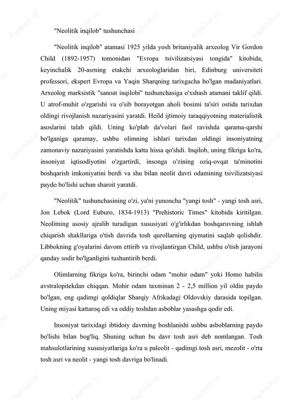 boshlanishi ushbu asboblarning paydo bo'lishi bilan bog'liq. shuning uchun bu davr tosh asri deb nomlangan. tosh mahsulotlarining xususiyatlariga ko'ra u paleolit ​​- qadimgi tosh asri, mezolit - o'rta tosh asri va neolit ​​- yangi tosh davriga bo'linadi. neolit ​​davrida odamlar o'zlaridan oldin tabiatda bo'lmagan narsalarni ishlab chiqarishni boshladilar, ya'ni madaniy o'simliklarni tanlash va qoramollarning yangi zotlarini ko'paytirish. tarixchi v.m. baxt neolit ​​davrida boshlangan ishlab chiqaruvchi iqtisodiyotning umumiy xususiyatlarini ta'kidlab o'tdi: turg'unlik; zaxirani yaratish va saqlash; ish ketma-ketligi oralig'i; mehnat aylanishi; faoliyat doirasini kengaytirish. inqilob ishlab chiqarish iqtisodiyotining paydo bo'lishidan tashqari, neolit ​​davri odamining butun hayot tarzi uchun muhim bo'lgan bir qator oqibatlarni ham o'z ichiga oladi. aynan neolitik inqilob davrida ishlab chiqarish, ayirboshlash va taqsimlashning iqtisodiy institutlari yaratildi. oldingi mezolit davrida hukmronlik qilgan ovchilar va terib oluvchilarning kichik ko'chma guruhlari o'z dalalariga yaqin shahar va shaharchalarda, qishloq xo'jaligida esa dehqonlar bir xil er uchastkasini uzoq yillar davomida yoki doimiy ravishda …