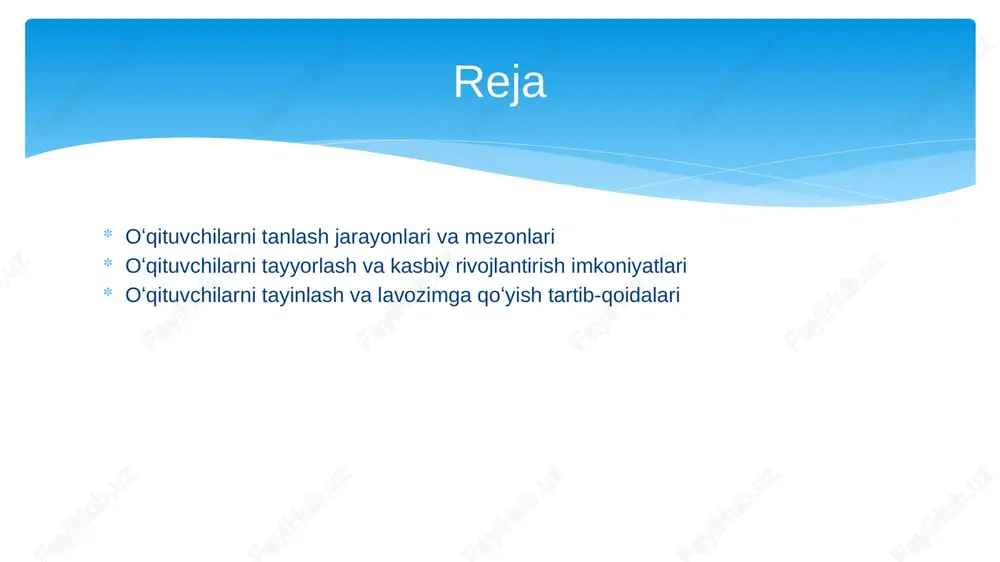 rni real muhitda sinab ko'rish imkonini yaratadi, tanlovni adolatli qiladi. 3 yangi mezonlar va kriteriyalar kompetensiyalar, innovatsion fikrlash va pedagogik qobiliyatlar asosida yangi tanlov mezonlari ishlab chiqilmoqda, bu esa sifatli kadrlarni aniqlashga yordam beradi. 4 amaliy misollar o'zbekiston va xorijda muvaffaqiyatli qo'llanilayotgan innovatsion yondashuvlar, masalan, virtual tanlovlar va interaktiv baholash usullari, tanlov jarayonini yanada takomillashtirmoqda. oʻqituvchilarni tayyorlash jarayonida kasbiy kompetensiyalarni rivojlantirish imkoniyatlari 1 innovatsion metodlar oʻqituvchilarni tayyorlashda zamonaviy pedagogik texnologiyalar va metodlarni qoʻllash, ularning kasbiy kompetensiyalarini oshirishga imkon yaratadi. 2 praktik mashgʻulotlar amaliy darslar va muhitda oʻqituvchilar uchun real vaziyatlarda tajriba orttirish imkoniyati taqdim etadi, kasbiy mahoratni rivojlantiradi. 3 onlayn kurslar va seminarlarga qatnashish digital platformalar orqali taqdim etiladigan malaka oshirish kurslari, oʻqituvchilarning zamonaviy pedagogik kompetensiyalarini mustahkamlashda muhim ahamiyatga ega. 4 mentorlik va hamkorlik tajribali oʻqituvchilar bilan hamkorlik va mentorlik dasturlari, yangi pedagoglarning kasbiy rivojlanishini qoʻllab-quvvatlaydi va ularning kompetensiyalarini kengaytiradi. zamonaviy pedagogik treninglar va malaka oshirish kurslari orqali oʻqituvchilarni tayyorlash …