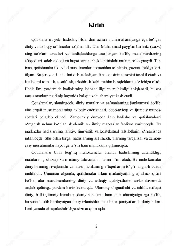 katta ahamiyatga ega bo‘lib, bu sohada olib borilayotgan ilmiy izlanishlar musulmon jamiyatlarida diniy bilimlarni yanada chuqurlashtirishga xizmat qilmoqda. i. qotishmalar va hadislarning diniy ahamiyatini tushuntirish qotishmalar va hadislarning diniy ahamiyati musulmonlar uchun juda katta ahamiyatga ega bo‘lgan mavzudir. bu ta’limotlar, asosiy diniy matnlar va an’analar orqali, islom dinining markaziy qismi bo‘lib, musulmonlarning e’tiqodlari, axloqiy qadriyatlari va hayot tarzini shakllantirishda muhim rol o‘ynaydi. qotishmalar, ya’ni hadislar, payg‘ambar muhammad (s.a.v.)ning so‘zlari, amallari va tasdiqlashlari sifatida qabul qilinadi va ularning diniy ahamiyati shunchalik katta bo‘ladiki, ular musulmonlarning diniy yondashuvlarini va kundalik hayotlarini belgilashda asosiy manba sifatida xizmat qiladi. qotishmalar, avvalo, hadis ilmi deb ataladigan fan sohasining asosidir. hadislar, ularni to‘plash, tasniflash va tekshirish jarayonlari orqali, musulmonlar uchun ishonchli va rasmiy manbaga aylantiriladi. bu jarayonlar hadislarning autentikligini aniqlash, ularning matn va shaxsiy tafovutlarini baholash uchun muhimdir. hadis ilmi, shuningdek, hadislarning zayid (qo‘shimcha) va muhimligini baholash uchun turli usullar va mezonlarni ishlab chiqdi. bu jarayonlar, …