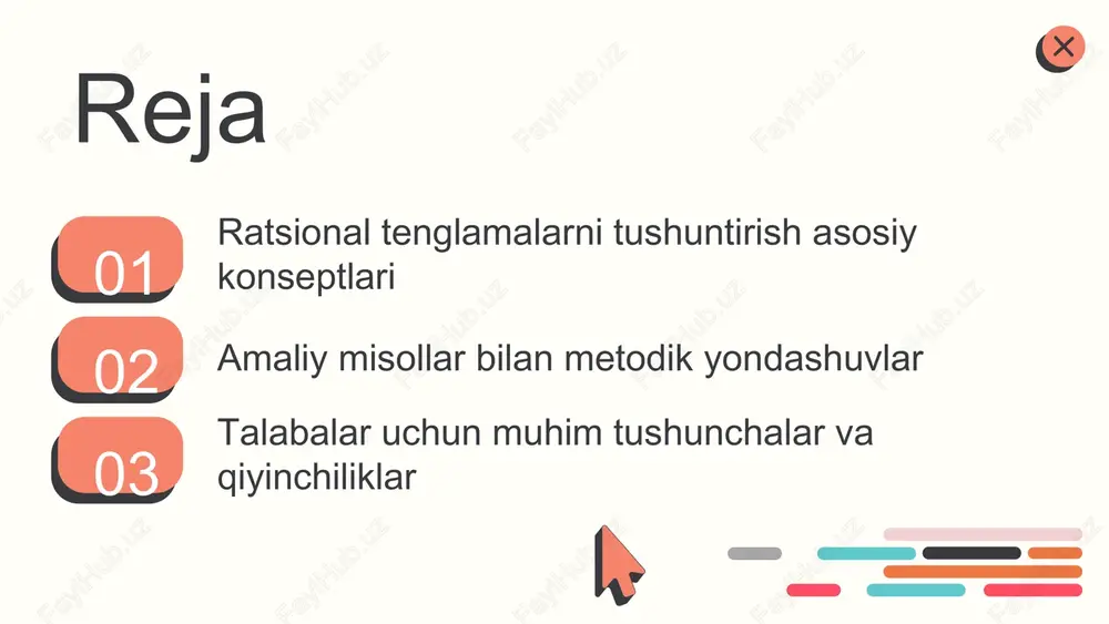 llanadi, masalan, kross koʻpaytirish, umumiy boʻluvchi yoki faktorizatsiya qilish. grafik usullar: tenglamaning grafigini chizish orqali yechimlarni topish mumkin; chiziqlar kesishgan nuqtalar yechim bo'ladi, bu vizual tushunishni rivojlantiradi. kompyuter dasturlari yordamida yechish: matlab yoki wolfram alpha kabi dasturlar yordamida tenglamalarni tez va aniq hal qilish mumkin, bu zamonaviy texnologiyalardan foydalanishni ta'minlaydi. photo by altumcode on unsplash 1 2 3 ratsional tenglamalar va ularning amaliyoti ratsional tenglamalar real hayotda keng qo'llaniladi, masalan, iqtisodiyot, muhandislik va biologiyada. ular yordamida muammolarni aniq modellashtirish va hal qilish mumkin. ilmiy tadqiqotlarda, ayniqsa, statistik va eksperimental ma'lumotlarni tahlil qilishda, ratsional tenglamalar muhim rol o'ynaydi. ular yordamida muammo yechimlarini aniqlash va nazariyaviy asoslarni shakllantirish mumkin. amaliy misollar orqali metodik yondashuvlar ratsional tenglamalarni o'qitishda amaliy misollar muhim ahamiyatga ega. ular o'quvchilarga tushunchalarni mustahkamlashda yordam beradi, amaliy misollarni tanlashda mavzu bilan bog'liq, qiyinchilik darajasiga mos keladigan misollarni tanlash tavsiya etiladi. misollar orqali muammoni hal qilish jarayonini ko'rsatish, nazariy bilimlarni amaliyotda …