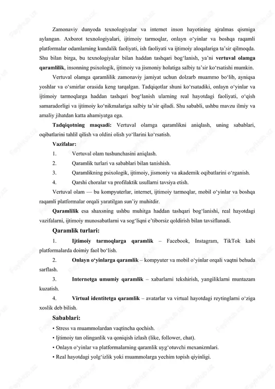 sh, yangiliklarni muntazam kuzatish. 4. virtual identitetga qaramlik – avatarlar va virtual hayotdagi reytinglarni o‘ziga xoslik deb bilish. sabablari: · stress va muammolardan vaqtincha qochish. · ijtimoiy tan olinganlik va qoniqish izlash (like, follower, chat). · onlayn o‘yinlar va platformalarning qaramlik uyg‘otuvchi mexanizmlari. · real hayotdagi yolg‘izlik yoki muammolarga yechim topish qiyinligi. vertuval olamga qaramlikning asosiy oqibatlaridan biri psixologik holatga ta’sirdir. 1. depressiya va xavotir: onlayn muhitda muvaffaqiyatsizlik yoki real hayotdagi yolg‘izlik hissi depressiya va xavotirni kuchaytiradi. 2. diqqat yetishmovchiligi: doimiy onlayn faoliyat diqqatni jamlash qobiliyatini pasaytiradi. 3. ijtimoiy solishtirish: onlayn foydalanuvchilar bilan o‘zini solishtirish, o‘zini past baholash hissini kuchaytiradi. 4. qaror qabul qilish qobiliyatining pasayishi: onlayn tezkor qoniqish bilan real hayotdagi muammolarni hal qilish qobiliyati kamayadi. misol uchun, yoshlar orasida ko‘plab tadqiqotlar shuni ko‘rsatadiki, ijtimoiy tarmoqlarga haddan tashqari bog‘langan shaxslar real do‘stlik aloqalarini rivojlantira olmaydi va doimiy stress holatida bo‘ladi. vertuval qaramlik shaxsning ijtimoiy hayotiga ham salbiy ta’sir ko‘rsatadi. …