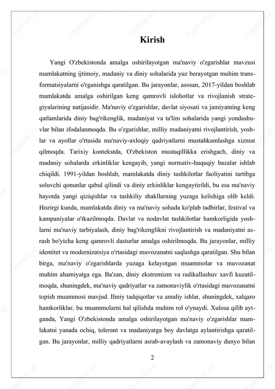 o hamkorliklar, bu muammolarni hal qilishda muhim rol o'ynaydi. xulosa qilib aytganda, yangi o'zbekistonda amalga oshirilayotgan ma'naviy o'zgarishlar mamlakatni yanada ochiq, tolerant va madaniyatga boy davlatga aylantirishga qaratilgan. bu jarayonlar, milliy qadriyatlarni asrab-avaylash va zamonaviy dunyo bilan integratsiya qilish maqsadida davom etmoqda va ular ijtimoiy barqarorlik va rivojlanish uchun muhim ahamiyat kasb etadi. i. yangi o'zbekistonda ma'naviy o'zgarishlarning asosiy konseptlari yangi o'zbekistonda ma'naviy o'zgarishlar jarayonlari mamlakatning ijtimoiy, madaniy va diniy hayotida yuz berayotgan keng qamrovli transformatsiyalar bilan bog‘liq bo‘lib, ular mamlakatning yangi rivojlanish strategiyasining muhim qismi sifatida namoyon bo‘lmoqda. bu o'zgarishlar asosan, 2017-yildan boshlab, mamlakatda amalga oshirilayotgan keng qamrovli islohotlar jarayonining natijasidir. ular davlat siyosati va jamiyatning keng qatlamlarida diniy bag‘rikenglik, madaniyat va ta’lim sohalarida yangi yondashuvlar bilan ifodalanmoqda. yangi o'zbekistonda ma'naviy o'zgarishlarning asosiy konseptlari ichida avvalo milliy qadriyatlarni asrash va rivojlantirish, zamonaviylik bilan uyg'unlashish muhim o‘rin tutadi. bu jarayonlar, birinchi navbatda, milliy identitetni mustahkamlash, yoshlar va ayollar o‘rtasida ma’naviy-axloqiy …
