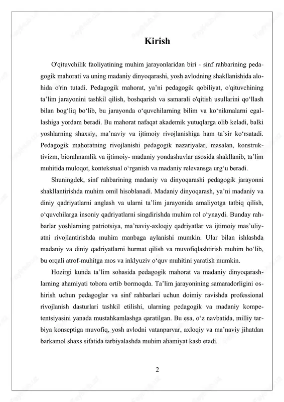 kil etilishi, ularning pedagogik va madaniy kompetentsiyasini yanada mustahkamlashga qaratilgan. bu esa, o‘z navbatida, milliy tarbiya konseptiga muvofiq, yosh avlodni vatanparvar, axloqiy va ma’naviy jihatdan barkamol shaxs sifatida tarbiyalashda muhim ahamiyat kasb etadi. ushbu ilmiy izlanishning maqsadi - sinf rahbarining pedagogik mahoratini va madaniy dinyoqarashini o‘rganish, ularning o‘quv jarayoniga ta’sirini aniqlash va bu yo‘nalishda samarali metod va usullarni ishlab chiqishdir. tadqiqot davomida pedagogik mahorat va madaniy dinyoqarashlarni rivojlantirish uchun amaliy tavsiyalar ishlab chiqiladi, bu esa o‘quvchilarning rivojlanishi va milliy qadriyatlar bilan uyg‘un ta’lim muhitining shakllanishiga xizmat qiladi. bu ishlanmalar milliy ta’lim tizimining sifatini oshirishga, yosh avlodni ma’naviy-axloqiy jihatdan tarbiyalashga va mamlakatimiz rivojlanishida muhim omil bo‘lishiga xizmat qilishi mumkin. i. pedagogik mahoratning asosiy konseptlari va amaliy jihatlari pedagogik mahoratning asosiy konseptlari va amaliy jihatlari ta’lim jarayonida muhim o‘rin tutadi. pedagogik mahorat — bu o‘qituvchining sinfda o‘quvchilarga bilim va mahoratlarni yetkazishda, ularning shaxsiy, ma’naviy va intellektual rivojlanishini ta’minlashdagi malakasi va qobiliyatidir. bu …