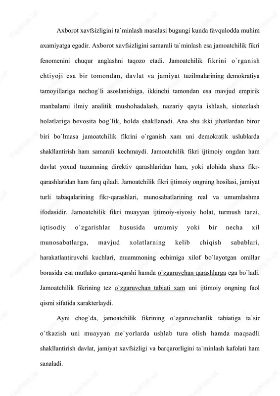 soslarda, yohud inertsion tarzda shakllanishiga yul qo`yish kutilmagan natijalarga olib kelishi mumkin. tarixda sobiq sho`rolar xukumatining so`nggi liderlari tomonidan amalga oshirmoqchi bo`lgan qator loyihalar, ijtimoiy o`zgarishlar islohotining inqirozga yuz tutganligi fikrimizning dalili bo`la oladi.(masalan, qayta qurish dasturini amalga oshirish orqali sobiq siyosiy tuzum asoslarini mustahkamlashga urinish, sibir daryolarini burish, anglangan extiyojlarini shakllantirish, alkogolizmga qarshi kurash xarakatlari va x,.k.) shu boisdan xam, islohotlarni amalga oshirish jarayonlarini jamoatchilik fikrida kanday namoyon bo`layotganligi, uni qanday shakllantirish, ommani yangilanishlar ruhida tarbiyalash va eng muhim jihatlardan biri bo`lgan axborot xavfsizligini ta`minlash masalalari yurtboshimizning diqqat-e`tiborida bo`lib kelayotganligi bejiz emas. yaqin o`tmishimizdan ma`lumki, sho`rolar davrida jamoatchilik fikriga xukumatning xech kanday e`tirozlarga o`rin qoldirmaydigan direktiv ko`rsatmalari, maxsus siyosiy-nazariy yo`nalishlar orqali uzluksiz ravishda ta`sir o`tkazilib kelinar edi. buning uchun esa o`ziga xos ikki bosqichli ta`sir uslubi amalga oshirilar edi. birinchi bosqichda vertikal ta`sir uslubi, ya`ni eng yuqoridan eng quyi bo`g`inlargacha davlat tomonidan rejalashtirilgan xukmron fikr tazyiqi tizimiy tartiblarda mukammal …