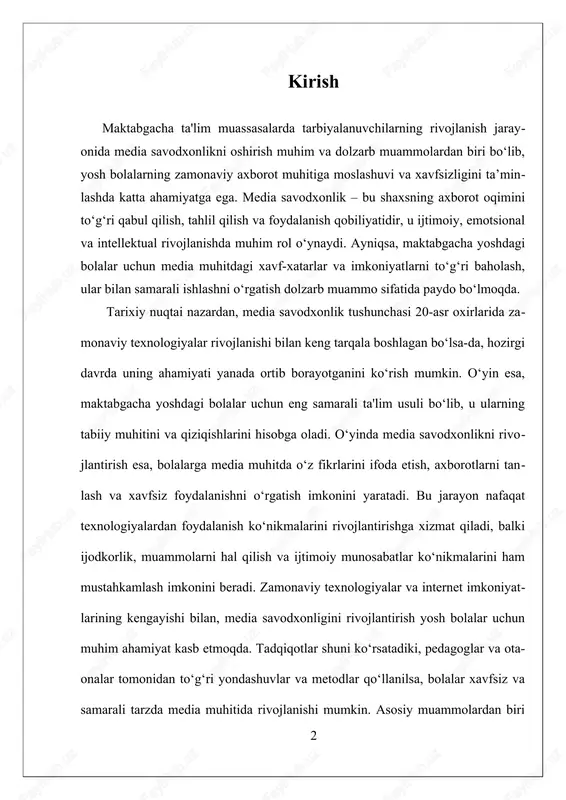 bolalar xavfsiz va samarali tarzda media muhitida rivojlanishi mumkin. asosiy muammolardan biri media muhitdagi xavf-xatarlarni aniqlash va bartaraf etish, shuningdek, yosh bolalarga mos o‘yin metodikalarini ishlab chiqish va amaliyotga joriy etishdir. shuning uchun, maktabgacha ta'lim muassasalarida media savodxonlikni o‘yinda rivojlantirish, bolalarning zamonaviy texnologiyalardan xavfsiz va maqsadli foydalanishini ta'minlash uchun muhim yo‘nalish hisoblanadi. bu yondashuv nafaqat bolalarning shaxsiy va ijtimoiy rivojlanishiga, balki ularning kelajakdagi ta'lim va hayotga tayyorlanishiga ham katta hissa qo‘shadi. shu bilan birga, ushbu izlanish media savodxonlikning asosiy tushunchalarini o‘rgatish, media xavflarini aniqlash va boshqarish hamda praktika orqali rivojlantirishga qaratilgan bo‘lib, maktabgacha yoshdagi bolalarning xavfsiz va samarali media muhitida rivojlanishini ta’minlashga intiladi. i. media savodxonlikning asosiy tushunchalarini o‘rgatish media savodxonlikning asosiy tushunchalarini o‘rgatish maktabgacha ta’lim muassasalarida bolalarning media muhitida sog‘lom va xavfsiz rivojlanishini ta’minlashda muhim ahamiyatga ega bo‘lib, bu jarayonning asosiy bosqichlarini va tushunchalarini to‘g‘ri tushunishni talab etadi. media savodxonlik — bu shaxsning axborot oqimini to‘g‘ri qabul qilish, tahlil …