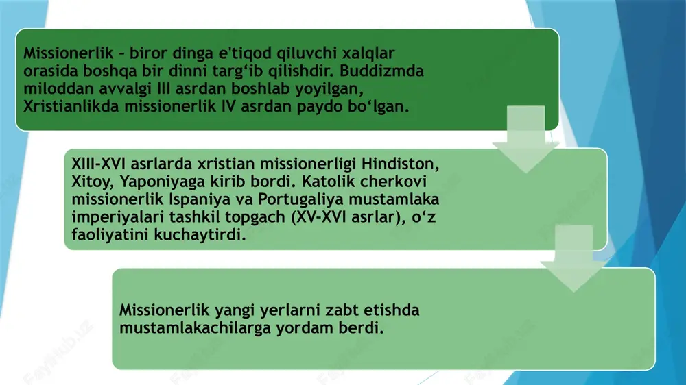 ta`sir o`tkazmoqda. bu haqda fikr yuritganda o`zbekiston respublikasi prezidenti shavkat mirziyoev qayd etganidek: “barchamizga yaxshi ma`lumki, hozirgi kunda dunyo shiddat bilan o`zgarmoqda. insoniyatning taqdiri va kelajagiga tahdid solayotgan xavf-xatarlar tobora kuchayib bormoqda”,-deya ta`kidlagani bejiz emas. missionerlikning geosiyosiy maqsadlari shu o`rinda, missionerlik aniq belgilangan siyosiy maqsadlarni amalga oshirishda aksariyat holatlarda yovuz va buzg`unchi g`oyalarini ko`zlayotgani oydinlashmoqda. mazkur harakatlar oqibatida iqtisodiy taraqqiyotdan orqada qolgan davlatlarga “beg`araz” yordamning ko`rsatish niqobi ostida ayrim mustaqil davlatlarning ichki ishlariga ochiqdan ochiq aralashuvining yashirin ko`rinishi sifatida namoyon bo`lmoqda. ayniqsa, iqtisodiy jihatdan zaif davlatlarga “beg`araz” yordam ko`rsatish orqali o`z siyosiy ta`sir doirasiga olish holatlari tobora oydinlashmoqda. xususan, diniy vositalar orqali o`zga davlatlarning ichki ishlarga aralashish bilan bir qatorda, kuchli davlatlarning kuchsiz davlatlarga nisbatan siyosiy bosimini tajovuzkorlik harakatlarini amalga oshirishda muhim ahamiyat kasb etmoqda. ayniqsa, jahondagi etakchi davlatlarning dunyo zaxiralarining egallash va nazorat qilishda mafkuraviy hujum quroli sifatida missionerlikdan foydalanayotganligi kuzatilmoqda. missionerlik oqibatlari missionerlik oqibatida muayyan hudud va mintaqada …