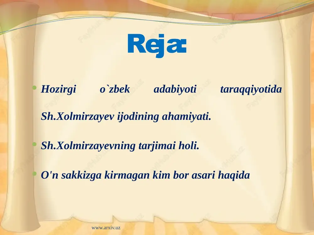 rida yaqqol namoyon bo`lgan. sh.xolmirzayev hikoyalarida, asosan, surxon vohasining kaloriti yorqin sezilib turadi. yozuvchining hikoyalarida surxondaryoliklarning o`ziga xosligi, yorqin va katta xarakterlari, yashash tarzi yaqqol ko`zga tashlanib turadi. uning “arpali qishlog`ida”, “olis yulduz ostida”, “miltiq otildi”, “kimsasiz hovli”, “ov” kabi hikoyalari, “so`nggi bekat”, “qil ko`prik”, “olabo`ji” romanlarida bu koloritni aniq sezish mumkin www.arxiv.uz “so`nggi bekat” sh.xolmirzayevning jiddiy yutug`i hisoblanadi. yozuvchining o`zi ham: “ijodda, izlanishda o`zimning ham kelib to`xtagan so`nggi bekatim bu”, - deb yozadi romandagi so`zboshida. romanning “so`nggi bekat” deb atalishida ma`lum ramziy ma`no mavjud. asar qahramonlari hayotidagi muhim nuqta – so`nggi bekati tasvirlanadi. romanda bekat qishlog`i, u yerda yashayotgan zamondoshlarimizning amalga oshirayotgan ishlari haqida hikoya qilinadi www.arxiv.uz katta epik asarlar yaratish sohasida muayyan tajriba to`plagan shukur xolmirzayev 80-yillarning ikkinchi yarmida yana zamonaviy mavzuda roman yaratishga kirishadi. natijada uning “yo`lovchi” romani maydonga keladi. muallif unda qayta qurish yillarining manzaralarini gavdalantirishni o`z oldiga maqsad qilib qo`ygan edi. asarda yozuvchi asosiy qahramonini …