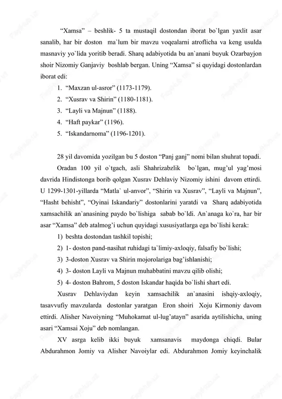 lishicha, uning asari “xamsai xoju” deb nomlangan. xv asrga kelib ikki buyuk xamsanavis maydonga chiqdi. bular abdurahmon jomiy va alisher navoiylar edi. abdurahmon jomiy keyinchalik “xamsa” siga yana ikkita doston qo`shib, uni “haft avrang” (“yotish taxt”) deb ataladi: 1. “silsilat uz-zahhob” (“oltin silsila”) 2. “solomon va absol” 3. “tuhfat ul-ahror” (“hurlar tuhfasi”) 4. “sahat ul-abror” (“poklar tasbehi”) 5. “yusuf va zulayho” 6. “layli va majnun” 7. “xiradnomai iskandariy” alisher navoiy “xamsa”si xv asrdagi xalqimiz ma`naviy taraqqiyotining ko`zgusi bo`lib, unda o`sha davr ijtimoiy turmushi, xalq hayoti, urf-odatlari, din-diyonat, axloq-odob haqidagi qarashlar o`z aksini topgan. navoiyning “xamsa” si boshqalardan farqli ravishda turkiy tilda yozildi, nafaqat o`zbek, balki umumturkiy adabiyotning ham yuksak cho`qqisi bo`lib qoldi. turkiy adabiyotda qutb va haydar xorazmiylar boshlab bergan xamsachilik an`anasi navoiy ijodida o`z takomilini topdi. navoiy “xamsa” sining yaratilishi xv asrda xuroson eli uchun favqulodda shodumonlik va saodat sifatida qabul qilindi. abdurahmon jomiy va husayn boyqaroning hayrat va …