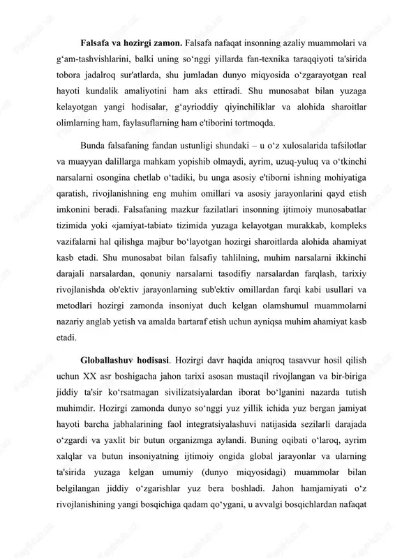 t bir butun organizmga aylandi. buning oqibati o‘laroq, ayrim xalqlar va butun insoniyatning ijtimoiy ongida global jarayonlar va ularning ta'sirida yuzaga kelgan umumiy (dunyo miqyosidagi) muammolar bilan belgilangan jiddiy o‘zgarishlar yuz bera boshladi. jahon hamjamiyati o‘z rivojlanishining yangi bosqichiga qadam qo‘ygani, u avvalgi bosqichlardan nafaqat o‘zgarishlar miqyosi, balki faollik darajasi va universal xususiyati bilan ham farq qilishi ayon bo‘ldi. bu o‘zgarishlarning butun majmui, shuningdek ularning sabablari 1990-yillarda globallashuv (lot. globus – yer kurrasi) deb nomlandi. globallashuv jamiyat hayotining turli jabhalarida butun yer sayyorasi uchun yagona bo‘lgan tuzilmalar, aloqalar va munosabatlarning shakllanishi, universallashuv jarayonidir. shuningdek globallashuv global makonning tutashligi, yagona jahon xo‘jaligi, umumiy ekologik o‘zaro aloqadorlik, global kommunikatsiyalar va shu kabilar bilan tavsiflanadi. globalistika. jahon rivojlanishining eng yangi tendensiyalarini anglab yetish borasidagi ko‘p sonli sa'y-harakatlar globallashuv jarayonlarining mohiyati, tendensiyalari va sabablarini, ular ta'sirida yuzaga kelayotgan global muammolarni aniqlash va bu jarayonlarning oqibatlarini anglab yetishga qaratilgan fanlararo ilmiy tadqiqotlar sohasi – globalistika …
