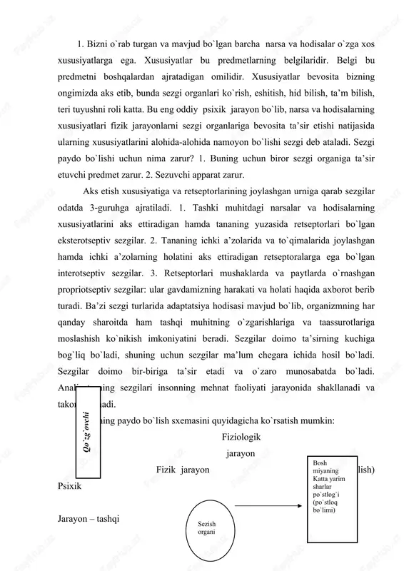 gik jarayon fizik jarayon (qo`zg`alish) psixik jarayon – tashqi markazga qo`zg`alish intiluvchi energiyasini nervlar ongning markazdan mas’ulligiga qochuvchi aylanadi nervlar qayta aloqa kanali sezgi jarayoni ob’ektiv olamni to`g`ri aks etishini ta’minlovchi tashqi qo`zg`atuvchilarni tanlash va energiyani qayta ishlovchi sensor harakatlar tizimidan iboratdir. sezgilarni o`ta miqdorda ko`pligi, hamda tashqi olam energiyasini ong hodisasiga aylanishi haqida aniq fikrlarni i.m.sechenov bergan. agar insonni uyg`oq vaqtini o`rta hisobda 12 soat deb olinadigan bo`lsa va har bir faza bo`yicha o`rta sonni oladigan bo`lsak, ko`rish sezgisini 5 qismchalarga bo`lsak, ko`z orqali 8 ming sezgi, quloqdan undan kam emas, muskullar harakatida esa undan ham sezgi yuzaga kelar ekan. bir haftada u 56 ming, 1 oyda 204 mingni, 1 yilda 2 millionga yoqin sezgi hosil bo`ladi. idrokda esa doimo idrok etuvchi shaxsning hislatlari uning idrok etayotgan narsalariga munosabati, kishining extiyojlari, qiziqishlari, intilishlari, istaklari va his – tuyg`ulari u yoki bu tarzda aks etadi. idrok - bu narsa va …