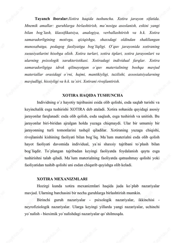 sh - bioximik yo`nalishdagi nazariyalar qo`shilmoqda. barcha nazariyalar orasida eng oldin paydo bo`lib rivojlangan nazariyalarga psixologik nazariyalar kiradi. bu nazariyalar xotira jarayonlarini tarkib toptirishda sub`ektning faolligiga qanday o`rin berilganligiga, sub`ekt faolligining o`ziga qanday qaralganligiga bog`liq ravishda klassifikatsiya qilinadi. shunday oqimlardan biriga assosiativ nazariya kiradi. assosiativ nazariyaning asosiy tushunchasi assosiatsiya tushunchasidir. assosiatsiya - aloqa bog`lanish degan ma`noni bildiradi va hamma psixik hodisalarni tushuntiruvchi universal mexanizm sifatida qaraladi. ularning fikricha, agar ma`lum psixik hodisalar inson ongida ayni bir vaqtning o`zida bir-biridan ketma-ket hosil bo`lgan bo`lsa, ular o`rtasida assosiativ aloqa hosil bo`ladi. agar shu assosiativ aloqaning biron-bir elementi qayta ta`sir qilsa yoki qayta nomoyon bo`lsa, ongimizda assosiativ aloqaning barcha elementlarini qayta tiklashga olib keladi. shunday qilib, assotsianizm ikkita ta`sirot o`rtasidagi aloqa bog`lanishning zaruriy va etarli asosi - bu ta`sirlarning inson ongida ayni bir vaqtning o`zida nomoyon bo`lishi deb hisoblaydi. assotsianistlar quyidagi assosiatsiya hosil bo`lishning asosiy sharoitlarni ko`rsatadilar. a) tegishli ob`ektlarning zamon va makon …
