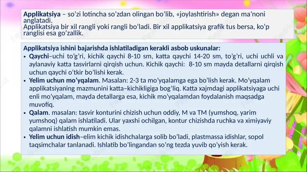 va simmetriyani bilishga, sezishga o’rganadilar. applikatsiya mashg’ulotlarida bolalar ko’pincha geometrik shakllar bilan munosabatda bo’ladilar natijada ular tevarak atrofdagi predmetlarda geometrik shakllarni abstrakt ko’rinishini ko’ra olishga o’rganadilar. bolalar geometrik shakllar bilan tanishishlari jarayonida hali o’zlariga tanish bo’lmagan figuralarning nomini to’g’ri aniqlashga o’rganadilar. bolalar shaklni yopishtirishni yelimsiz aloqa qilishlari natijasida bu shaklini mantiqiy va ritmik holida joylashtirishga o’rganishlari, asosan o’rtasida o’ngda, chapda, yuqorida, pastda, orqada, qarama-qarshi tamonda, atrofida kabi so’zlar bilan tanishib oladilar. bolalarni qog’oz betida nuqta orentirovka qilishga o’rgatish-bolalarni maktabda muvaffaqiyatli o’qishlarini asosiy shartlaridan biridir. bolalarga barglardan yasalgan applikasiya bu – qiziqarli hunarmandchilik. kuzda bolalar barglarning oltin o'yinini kuzatishadi. aynan ulardan ajoyib kuz ilovalarini yasash mumkin. bolalarni bo'sh vaqtida qiziqarli ijodkorlik bilan shug’ul- lanishga taklif qilish kerak. kuzda yorqin barglar va o'tlardan o’z-o'zidan yasalgan narsalar chindan ham qulay, chiroyli va albatta, o'ziga xos bo'lib chiqadi. har kim barglardan applikasiya yasashi mumkin, bu erda asosiy narsa shoshilmaslikdir. kuzgi ilovalarni yaratishdan oldin, barglar …