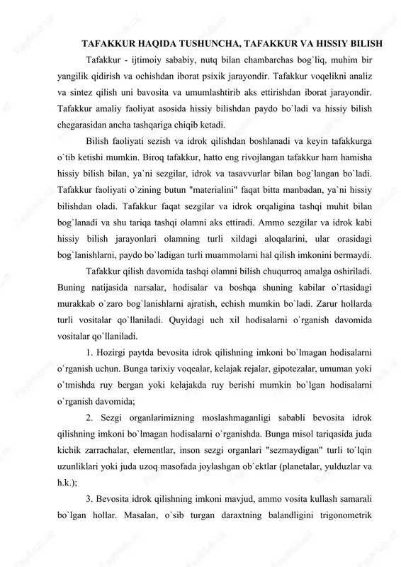 gan hodisalarni o`rganishda. bunga misol tariqasida juda kichik zarrachalar, elementlar, inson sezgi organlari "sezmaydigan" turli to`lqin uzunliklari yoki juda uzoq masofada joylashgan ob`ektlar (planetalar, yulduzlar va h.k.); 3. bevosita idrok qilishning imkoni mavjud, ammo vosita kullash samarali bo`lgan hollar. masalan, o`sib turgan daraxtning balandligini trigonometrik funktsiyalar yordamida o`lchash, havo haroratini termometr yordamida o`lchash kabilar. yuqoridagilardan ko`rinib turibdiki, hissiy bilish samarali bo`lmay qolgan hollarda tafakkur boshlanadi. tafakkur hissiy bilish idrok qilish imkonini bermaydigan voqea, hodisalarni ham o`rganish imkonini beradi. masalan, yorug`lik tezligini o`lchash, o`rganish, uning xossalaridan foydalanish faqat tafakkur orqaligina amalga oshirilishi mumkin. qachon tafakkur faoliyati boshlanadi (qachon biz fikrlab boshlaymiz)? biz doimo fikrlamaymiz. agar vaziyat bizga tushunarli bo`lsa, etarli hamma ma`lumot va vositalarga ega bo`lsak biz "o`ylamaymiz". tafakkur jarayoni muammo paydo bo`lsa, muammoli vaziyatda paydo bo`ladi. muammoli vaziyat - biror masalani echish uchun zarur bilimlar, vosita yoki ma`lumot, malakalarning etishmasligi bilan bog`liq bo`ladi. muammoli vaziyatda bizning avvalgi vosita va usullarimiz …