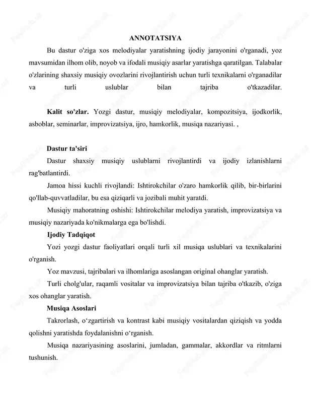 yanı qo'llab-quvvatlash uchun akkordlar va progressıyalarni joriy qılın, bu chuqurlık va rang hissi yaratadi. ritm: melodik harakatni boyitish uchun oddiy va murakkab ritm naqshlarini o'rganing. melodik kontur: ko'tarilish va tushish naqshlari bilan tajriba o'tkazing, kontrastli shakllar yarating. musiqa nazariyasi integratsiyasi yozuvchilikda amaliy tajriba va ijodkorlikni rivojlantiruvchi yozgi dastur. talabalar kompozitsiya qilish uchun gammalarni, akkordlarni va ritmlarni aniqlashni va ulardan foydalanishni o'rganadilar. musiqa nazariyasi tushunchalari o'rgatiladi va o'ziga xos melodiyalar yaratishda qo'llaniladi. hamkorlik fikr almashish yozgi dastur: musiqiy ijodkorlikni rivojlantirish va ko'nikmalarni oshirishga bag'ishlangan, amaliy tadqiqot va rahbarlik orqali amalga oshiriladigan tuzilgan muhit. hamkorlik va fikr-mulohaza: talabalar birgalikda ohanglar yaratish va tanqid qilish bilan shug'ullanib, qo'llab-quvvatlovchi o'quv muhitini shakllantiradilar. turli melodiyalarni yaratish: talabalar turli musiqiy uslublar va texnikalarni o'rganib, asboblar va texnologiyalar yordamida noyob melodiyalar yaratadilar. asbob-uskunalar va texnologiya melodiya yaratish va tartiblash bo'yicha o'rganish texnikasi. turli cholg'ularni va ularning o'ziga xos tovushlarini o'rganish. turli musiqa uslublari va janrlar bilan tajriba …