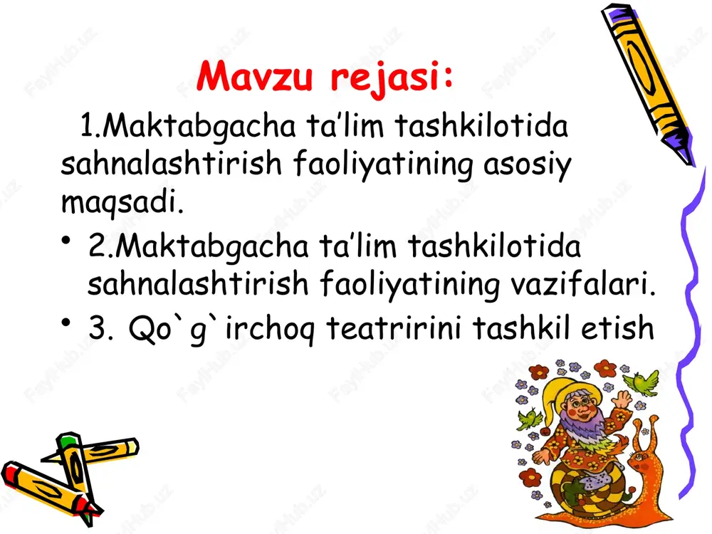bilan kuchukcha, mushukcha, uloqchalar qiyofasiga kiradi. ular imitatsiyalash va taqlidiy harakatlarni bajaradi, bu harakatlar hamisha rejali, ammo favqulodda boy va shu sababli o’zida katta emotsional quvvatni jamlaydi. teatrlashtirilgan o’yinlar bolalarni hamma vaqt o’ziga jalb qiladi. maktabgacha yoshdagi bolalar o’yinga jon-dili bilan kirishadi: qo’g’irchoqlarning savollariga javob beradi, ularning iltimoslarini bajaradi, maslahatlar beradi, u yoki bu obrazga “kiradi”. kichkintoylar personajlar bilan birga kuladi, ular bilan birga qayg’uradi, ularni xavf-xatardan ogoh qilishga intiladi, sevgan qahramonining muvaffaqiyatsizligidan birga ko’z yoshi to’kadi, hamma vaqt unga yordamga tayyor turadi. teatr-o’yin faoliyati shakllari xilma-xil: qo’g’irchoq teatri o’zining barcha turlari bilan. teatr-o’yin faoliyati bolalarni badiiy tarbiyalash, estetik rivojlantirishga ko’maklashadi, ularni yangi taassurotlar bilan boyitadi, avval egallagan bilimlarini mustahkamlaydi, faollashtiradi, tashabbuskorligi, nutqi, badiiy didini rivojlantiradi. faoliyat tasavvur uchun boy oziqa beradi. bolalar atrof olamdan boy taassurot oladi va uni jonli o’yin harakatlari va obrazlarda gavdalantirishga intiladi. teatr-o’yin faoliyati turlari xilma-xil va har biri o’zicha qiziqarli. bolalar maqtanchoq xo’rozchani yoki …