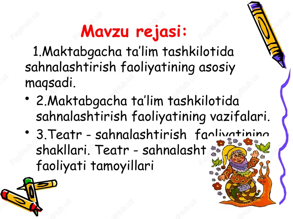 loqchalar qiyofasiga kiradi. ular imitatsiyalash va taqlidiy harakatlarni bajaradi, bu harakatlar hamisha rejali, ammo favqulodda boy va shu sababli o’zida katta emotsional quvvatni jamlaydi. teatrlashtirilgan o’yinlar bolalarni hamma vaqt o’ziga jalb qiladi. maktabgacha yoshdagi bolalar o’yinga jon-dili bilan kirishadi: qo’g’irchoqlarning savollariga javob beradi, ularning iltimoslarini bajaradi, maslahatlar beradi, u yoki bu obrazga “kiradi”. kichkintoylar personajlar bilan birga kuladi, ular bilan birga qayg’uradi, ularni xavf-xatardan ogoh qilishga intiladi, sevgan qahramonining muvaffaqiyatsizligidan birga ko’z yoshi to’kadi, hamma vaqt unga yordamga tayyor turadi. teatr-o’yin faoliyati shakllari xilma-xil: qo’g’irchoq teatri o’zining barcha turlari bilan. teatr-o’yin faoliyati bolalarni badiiy tarbiyalash, estetik rivojlantirishga ko’maklashadi, ularni yangi taassurotlar bilan boyitadi, avval egallagan bilimlarini mustahkamlaydi, faollashtiradi, tashabbuskorligi, nutqi, badiiy didini rivojlantiradi. faoliyat tasavvur uchun boy oziqa beradi. bolalar atrof olamdan boy taassurot oladi va uni jonli o’yin harakatlari va obrazlarda gavdalantirishga intiladi. teatr-o’yin faoliyati turlari xilma-xil va har biri o’zicha qiziqarli. bolalar maqtanchoq xo’rozchani yoki boshqa jonivorlarni o’ynash …