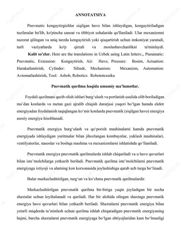 axtalarni pnevmatik energiyaga bo‘lgan ehtiyojlaridan kam bo‘lmasligi lozim. markazlashtirilgan pnevmatik qurilma ko‘p hollarda unumdorligi 250 m3/min. yoki 500 m3/min. bo‘lgan iqtisodiy samarador turbo kompressorlar bilan jihozlanadi. alohida joylashgan va pnevmatik energiya bo‘lgan ixtiyoji yuqori bo‘lgan shaxtalar uchun shaxta yer yuzasida turg‘un pnevmatik qurilma o‘rnatildi. turg‘un pnevmatik qurilmada ishlab chiqarilgan pnevmatik energiya havo quvurlari bilan barcha iste’molchilargay etkazib beriladi. siqilgan havo uzoq masofaga uzatilganda uni bosimi havo quvurida paydo bo‘ladigan gidravlik qarshiliklar hisobiga kamayadi. natijasida uzoq masofada joylashgan ayrim iste’molchilarga yetib kelgan havoning bosimi, pnevmatik energiyada ishlaydigan mashina va mexanizmlarni normal ishlashini ta’minlay olmaydi. bunday hollarda iste’molchilarni pnevmatik energiya bilan ishonchli ravishda ta’minlash va uni iqtisodiy ko‘rsatgichlarini yaxshilash uchun havoni qayta siqish usulidan foydalanish maqsadga muvofiqdir. bu usul qo‘llanilganda havo 0,3-0,4 mpa bosim bilan iste’molchiga yaqin joylashgan ko‘chma pnenvmatik qurilmaga uzatiladi. unda havo iste’molchilarni normal ishlashini ta’minlay olmaydigan bosimgacha siqiladi. siqilgan havo esa quvurlar orqali iste’molchilarga yetkazib beriladi. 2. pnevmatik qurilmalar. …