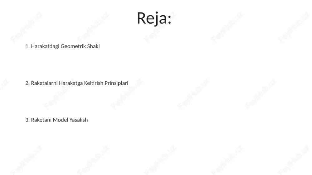 ik shakllarda harakatlanadigan modellarning qurilishi: turli shakllardagi raketalar yasang va ularning uchish xususiyatlaridagi o'zgarishlarni kuzating. kirish har xil geometrik shakllar yordamida harakatlanadigan modellarning yaratilishini o'rganish: doira, uchburchak va kvadrat kabi shakllarning xususiyatlariga asoslangan harakatlanadigan modellarning qanday yaratilishini bilib oling. kirish: geometrik shakllar dunyosini va ularning harakatlanuvchi modellarda qo'llanilishini o'rganing. raket modeli yasa: material tanlash, qismlarni yig'ish, qanotlar va burun qismini biriktirish kabi amaliy ko'nikmalarni o'rganing. harakatlanuvchi modellarni qurish: turli geometrik shakllarga ega raketalarni loyihalash va qurish, ularning shakli parvoz xususiyatlariga qanday ta'sir qilishini kuzatish. materiallar va qurilish raketan tanasi va qanotlarini yaratishda uchburchak va konus kabi geometrik shakllarni ishlating. materiallar: karton, qog'oz, somonlar, lenta, qaychi. uchishga tayyorgarlik va xavfsizlik uchishga tayyorgarlik va xavfsizlik: xavfsiz uchish muhitini ta'minlash, ob-havo sharoitlarini tushunish va to'g'ri ishlash tartiblarini bajarish. har xil geometrik shakllar yordamida harakatlanadigan modellarning qurilishi: kartondan, qog'ozdan yoki yog'ochdan foydalanib, turli shakllarning harakatga va barqarorlikka qanday ta'sir qilishini o'rganish. yuk va qutqarish …