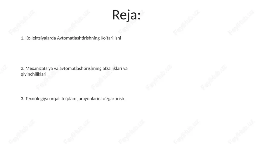 egiyasini optimallashtirish, samaradorlikni oshirish va qo'lda xatolarni kamaytirish uchun qoidalarga asoslangan tizimlardan foydalanadi. mexanizatsiya eslatmalar yuborish va hisobotlarni yaratish kabi takrorlanuvchi vazifalarni avtomatlashtiradi, bu esa xodimlarni ko'proq strategik ishlarga bag'ishlash imkonini beradi. kommunikatsiya kanallarini avtomatlashtirish mexanizatsiya: qo'lda bajariladigan ishlarni avtomatlashtirilgan jarayonlar bilan almashtiradi, tezlik va aniqlikni oshiradi. to'lov jarayonlarini avtomatlashtirish: to'lov ko'rsatkichlarini oshiradi, xatolarni kamaytiradi va xodimlarni boshqa vazifalar uchun bo'shatadi. kirish: kolleksiyalarda avtomatlashtirishning ko'tarilishi bu o'sish xarajatlarni kamaytirish va aniqlikni oshirish zaruriyatidan kelib chiqadi. mexanizatsiya va avtomatlashtirish vazifalarni soddalashtirmoqda, samaradorlikni oshirmoqda. to'plamlarda mexanizatsiya saralash va arxivlash kabi takrorlanuvchi vazifalarni avtomatlashtiradi, avtomatlashtirish esa aloqa, kuzatish va hisobotlarni soddalashtiradi. avtomatlashtirish dasturlash mumkin bo'lgan tizimlardan foydalanib, jarayonlarni boshqarish orqali inson aralashuvini minimallashtirib, uni yanada rivojlantiradi. mexanizatsiya va avtomatlashtirishni tushunish mexanizatsiya va avtomatlashtirishning afzalliklari qo'l mehnatini kamaytirish va tezroq qayta ishlash vaqtlari orqali samaradorlik va unumdorlikni oshirish. kamroq mehnat xarajatlari va minimallashtirilgan chiqindilar tufayli kamaytirilgan xarajatlar. avtomatlashtirishning qiyinchiliklari va hisobga olinishi kerak bo'lgan …
