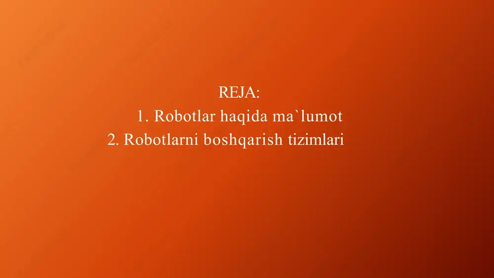 hiqarish vositalarining avtonom harakat qiluvchi to‘plamiga robotlashtirilgan texnologik majmua deyiladi. yig‘ish, payvandlash, bo‘yash kabi texnologik jarayonlarga oid asosiy operatsiyalarni bajaruvchi bitta sanoat robotidan hamda majmua ichidagi texnologik jarayonlarning avtomatlashtirilgan siklini to‘la ta’minlovchi yordamchi jihozlar yig‘indisidan iborat avtonom harakat qiluvchi ishlab chiqarishning texnologik vositalari to‘plamiga robotlashtirilgan ishlab chiqarish majmuasi deyiladi. sanoat robotining ijro qurilmasi – robotning harakat funksiyalarini bajaruvchi qurilma. e’tiboringiz uchun raxmat image4.jpeg image5.jpeg image6.jpeg image7.jpeg image8.jpeg image9.jpeg image1.png