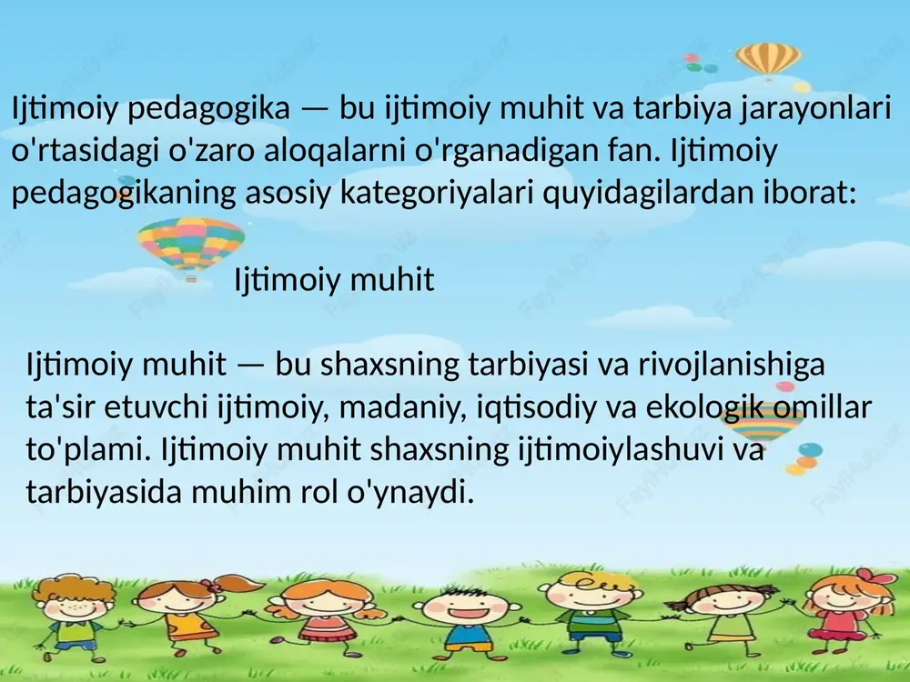 ikmalar, masalan, muloqot, hamkorlik, muammolarni hal qilish va boshqalar. bu kategoriyalar ijtimoiy pedagogikaning nazariy asoslarini tashkil etadi va tarbiya jarayonida ijtimoiy omillarni hisobga olishga yordam beradi. ijtimoiy pedagogika shaxsning ijtimoiylashuvi va rivojlanishini ta'minlashda muhim rol o'ynaydi. image1.jpeg